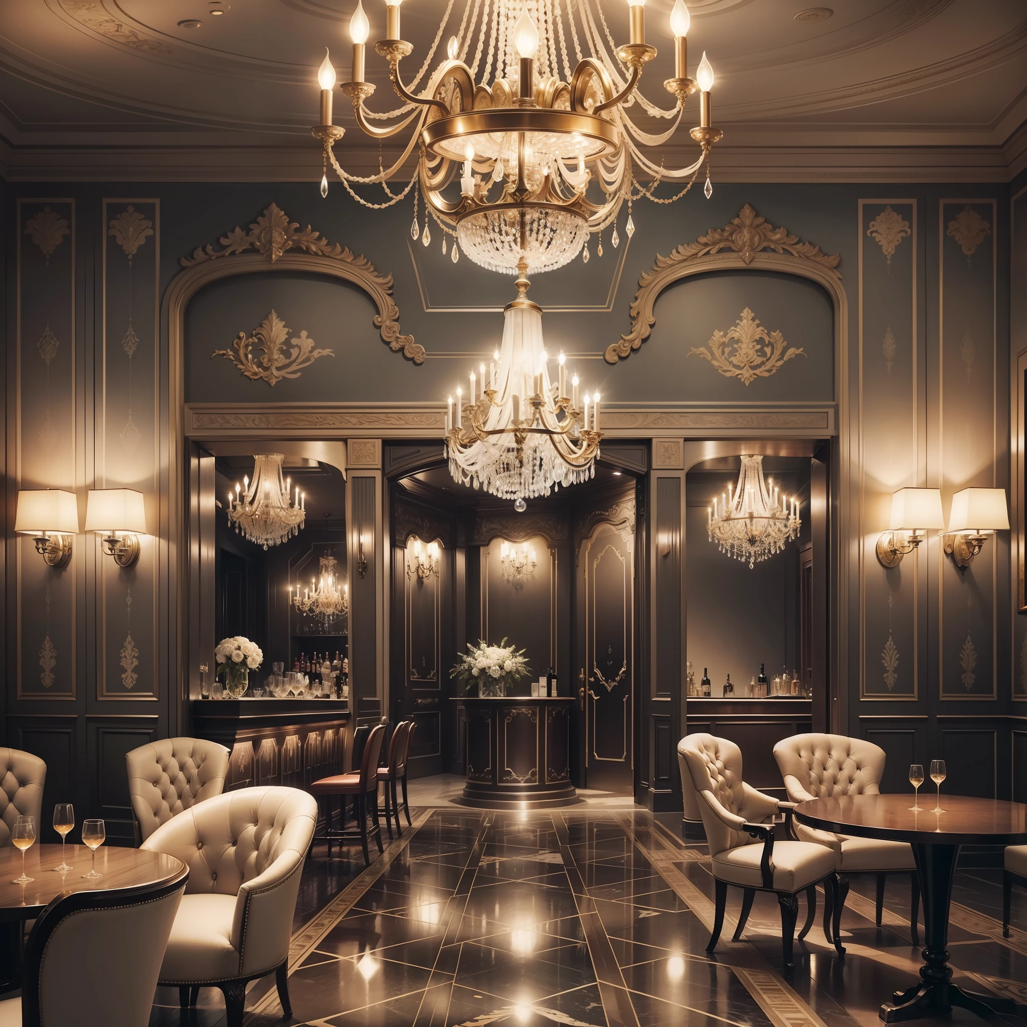 When crossing the doors of the bar, guests are enveloped by a luxurious and sophisticated atmosphere. The interior is decorated with exquisite details such as bright crystal chandeliers that delicately illuminate the space, upholstered furniture with noble fabrics, and valuable artwork that adorns the walls.