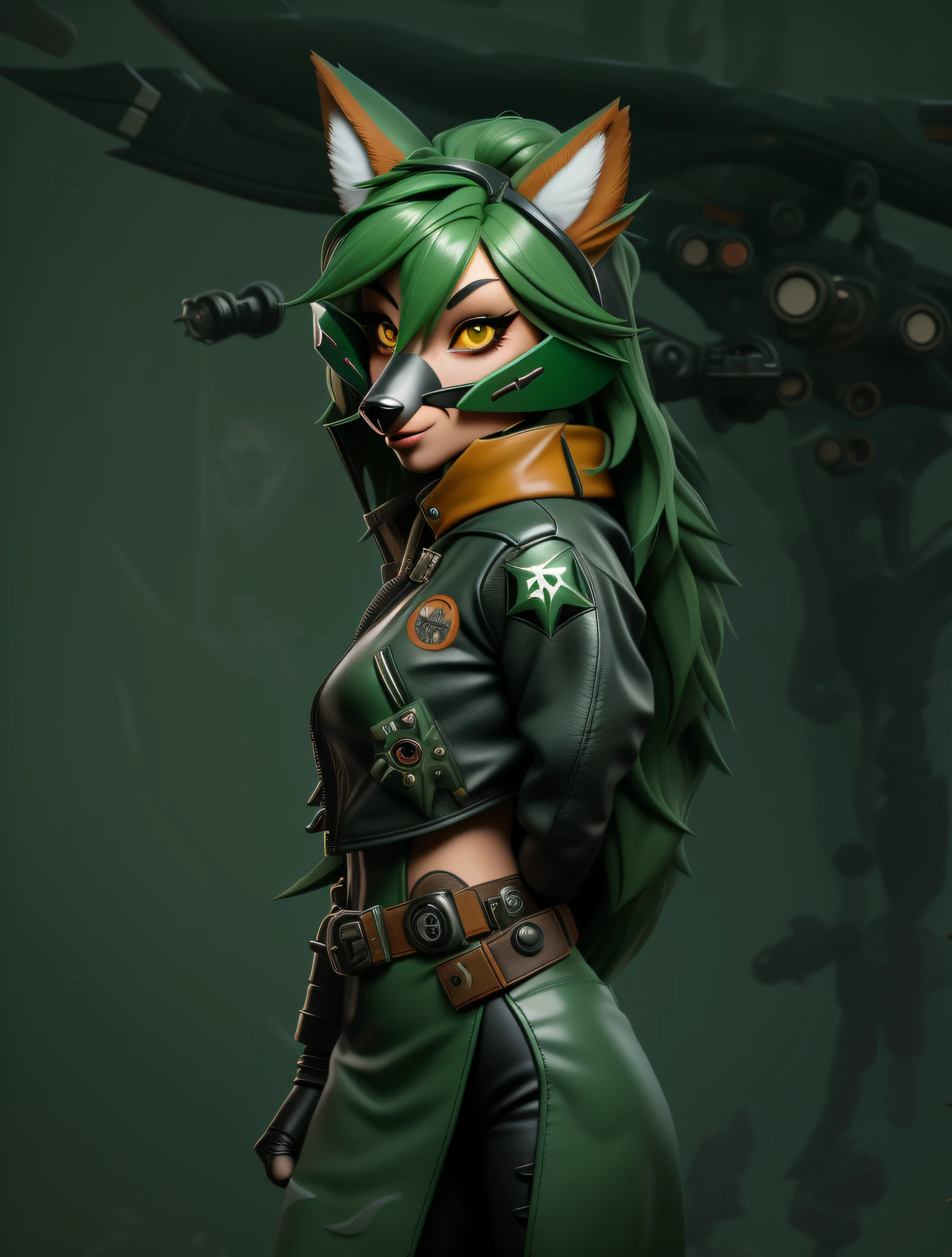 Painting of a woman in a leather jacket with a fox mask, foxgirl, anthropomorphic cyberpunk green background, digital fox, female fox, wearing sexy short shorts, digital art image, furry digital art, girl with fox ears, anthropomorphic fox, high quality digital art, long haired girl.