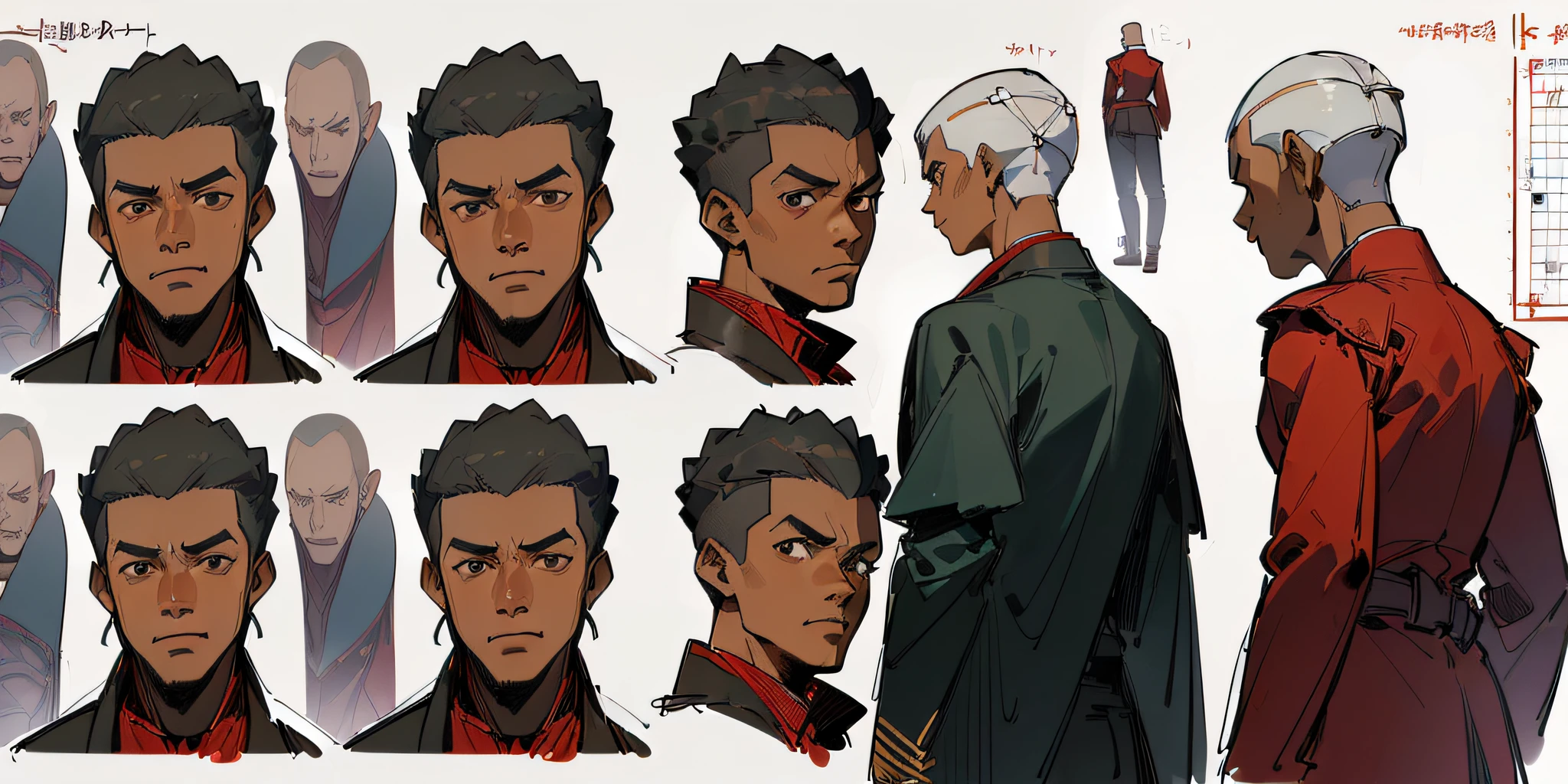 (masterpiece)),(((best quality)),((((character design sheet, same character, front, side, back))), illustration, 1 African-American man, black shaved hair:1, environment Scene change, pose too, red male overcoat, (single background, white background: 1.3) --s --auto --s2