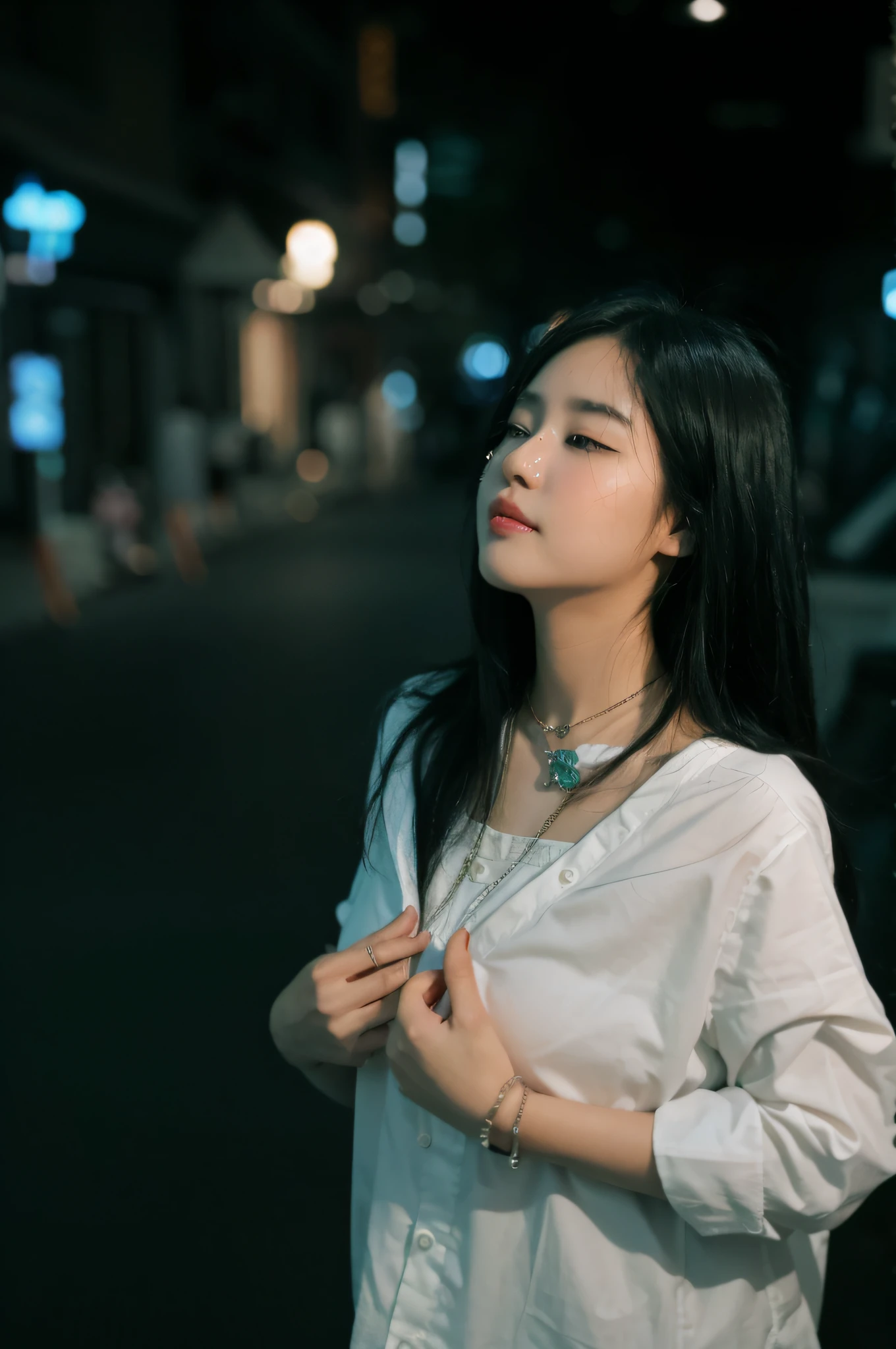 woman with white shirt and necklace standing on street at night, a young asian woman, chinese girl, an asian woman, chinese woman, young asian girl, young asian woman, infp young woman, beautiful young korean woman, soft portrait shot 8 k, beautiful south korean woman, portrait soft low light, korean girl, korean woman, captured on canon eos r 6