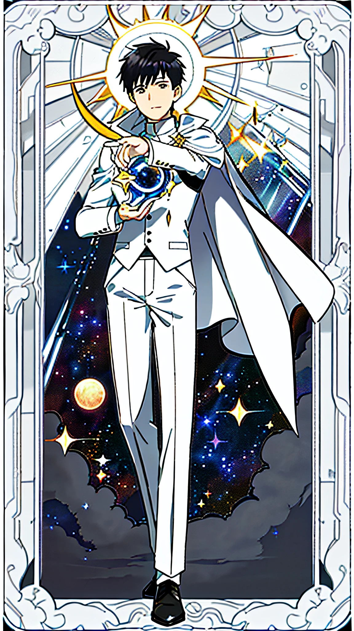 masterpiece, best quality, full body, card, 1 man, eclipse, space, galaxy, short hair, black hair, brush cut, white shirt, standing, white, sun, moon, black, white, buzz cut, bara, muscle, god, magician, cape, halo, center, best pose, diamond frame, divine