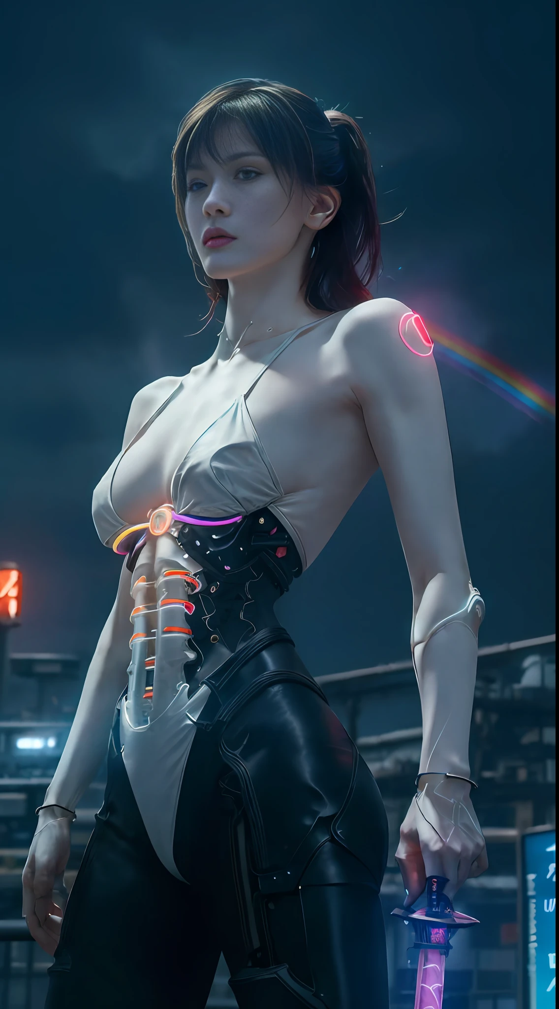 pale skin naked 1girl, masterpiece, best quality, ultra detailed RAW, high-resolution, ultra realistic, 16K, intricate details, full body, cinematic lighting, portrait, bokeh, (pale skin, fair skin, real skin, high detailed skin texture, abs, saggy boobs, slim body, skinny), (in cyberpunk city, one large moon, roof of building, night view, Rainbow Neon lighting tokyo tower, Moonbow), ((exposed breast)), ((biomechanized arms and biomechanized endoskeleton body with intricate details Rainbow Neon lighting pattern)), (holding long sword with intricate details Blue Neon lighting pattern)