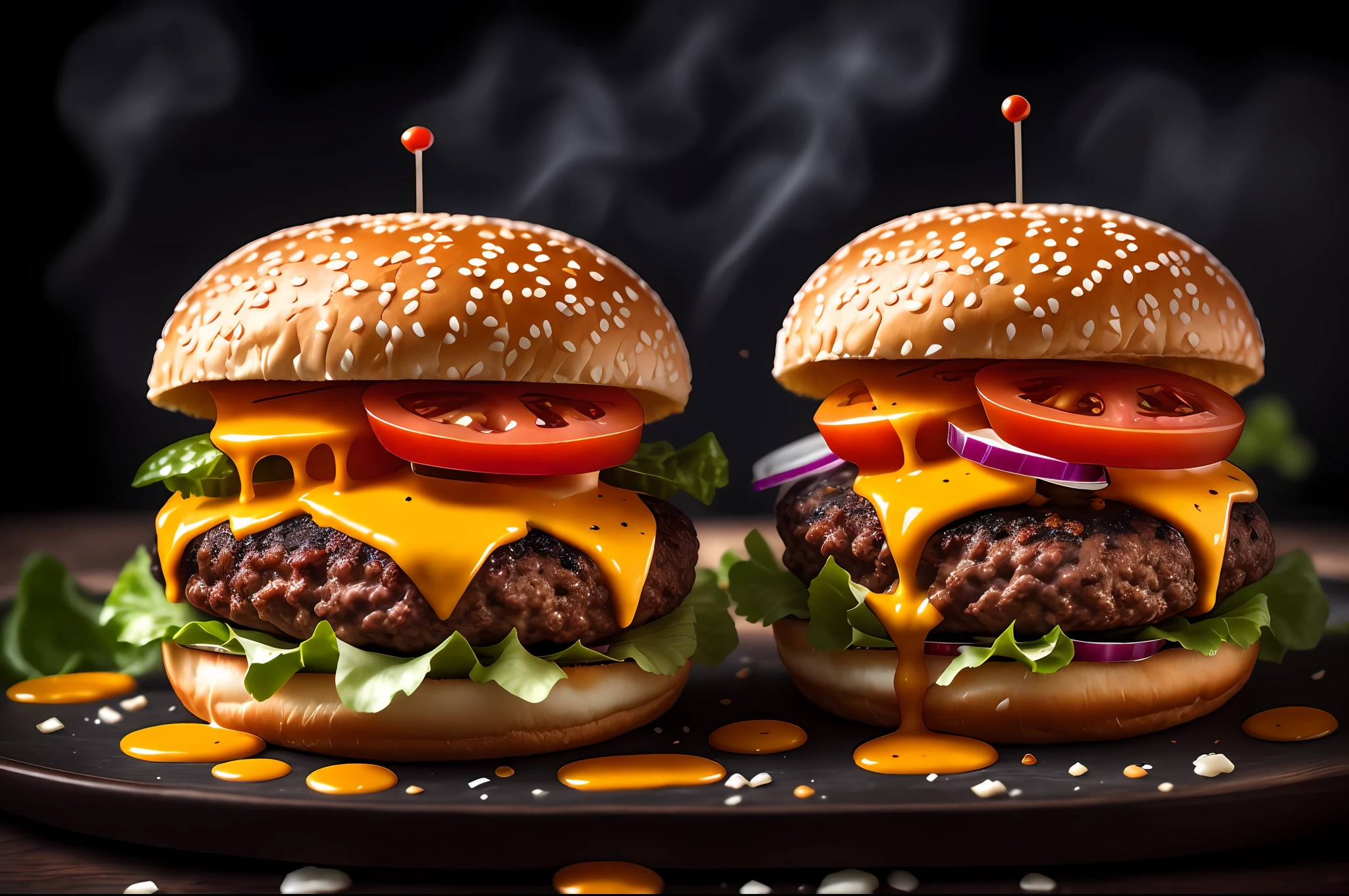 there is a hamburger with cheese, tomato, onion, and lettuce on a black plate, cheeseburger, hamburger, burger with a mouth, burger, professional food photography, food commercial 4 k, burger on a plate, big juicy burger, high quality food photography, hamburgers, luscious patty with sesame seeds, operating on burgers, burger with human mouth