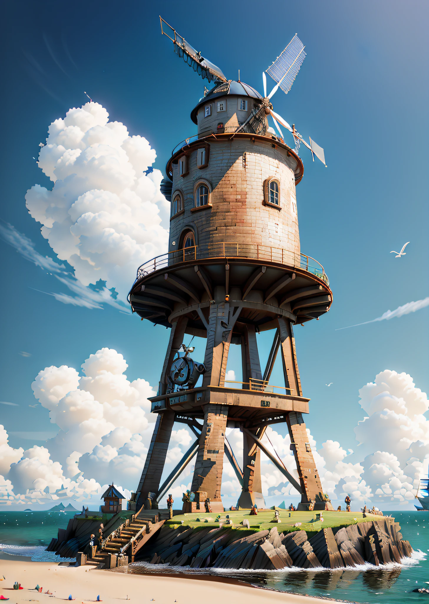 there is a windmill on a small island on the beach, windmill, rendered 3 d stylized, very high detailed, incredibly high detailed, stylized as a 3d render, realistic fantasy render, very high detailed, stylized render 3d, giant imposing steampunk tower, by Adam Marczyński, lighthouse, old cgi 3d rendered bryce 3d, (original: 1.2), (realistic:  1.4), 16k