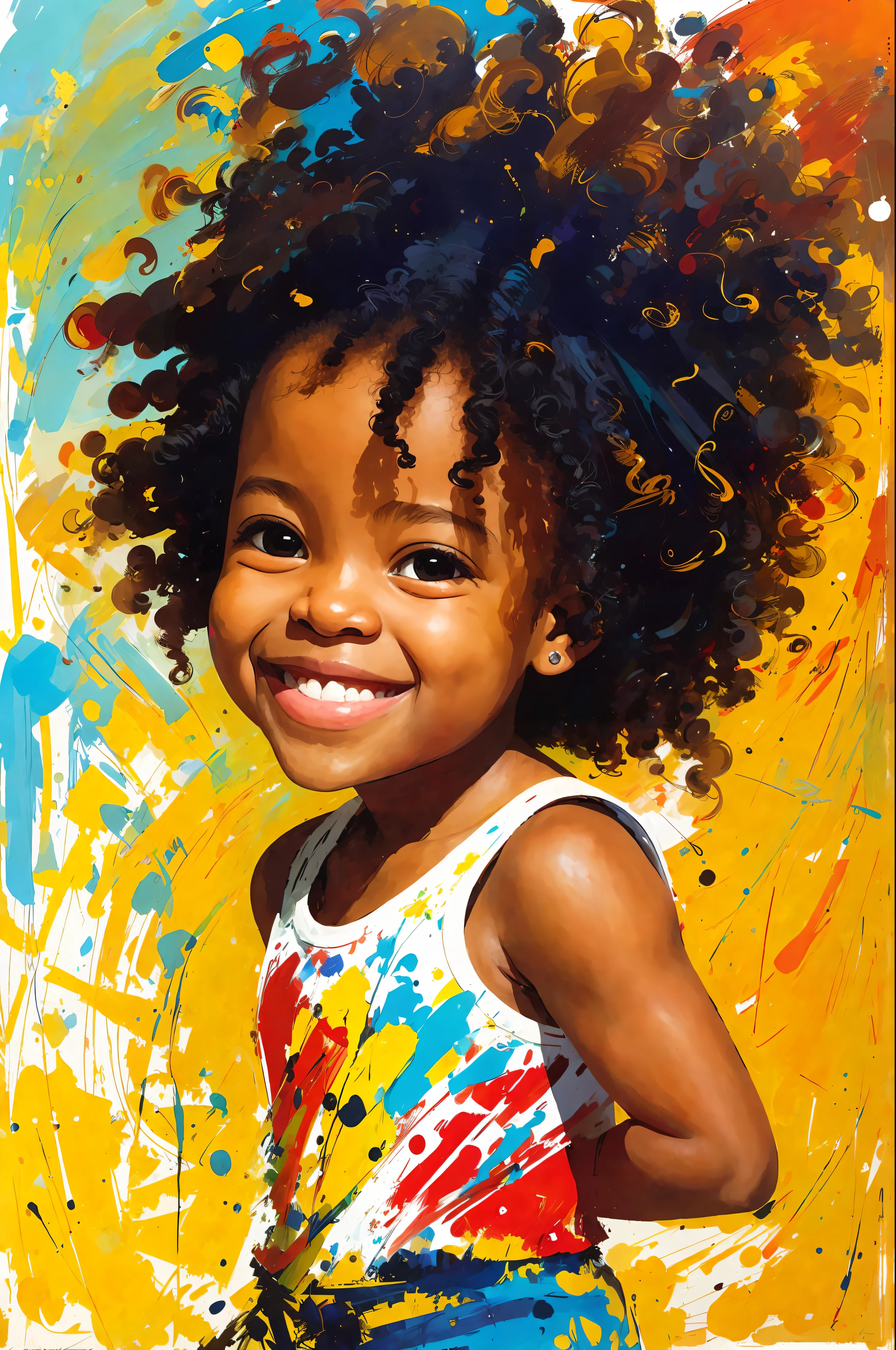 3--old l, African-American, curly haired, smiling, brush abstract strokes by John Berkey