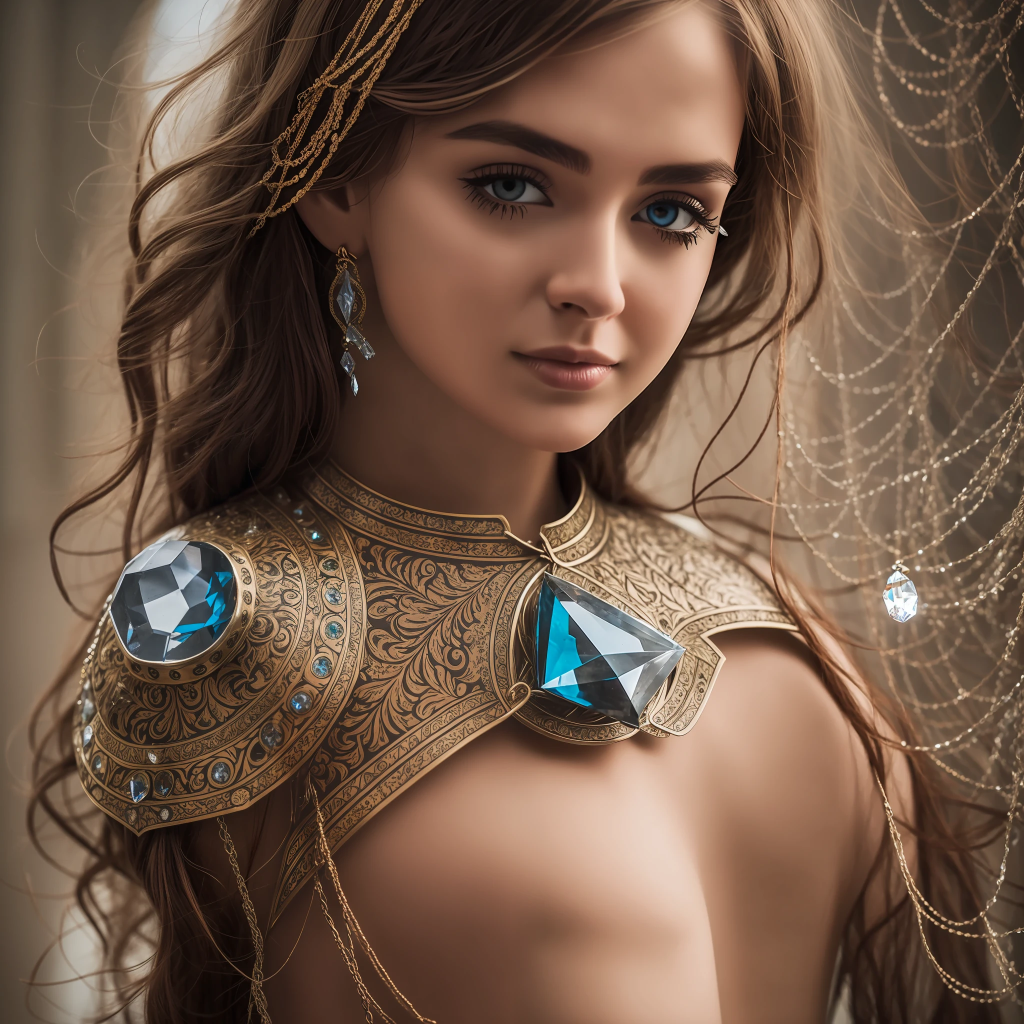 Woman, body of air, faceless, with a crystal on the breastplate