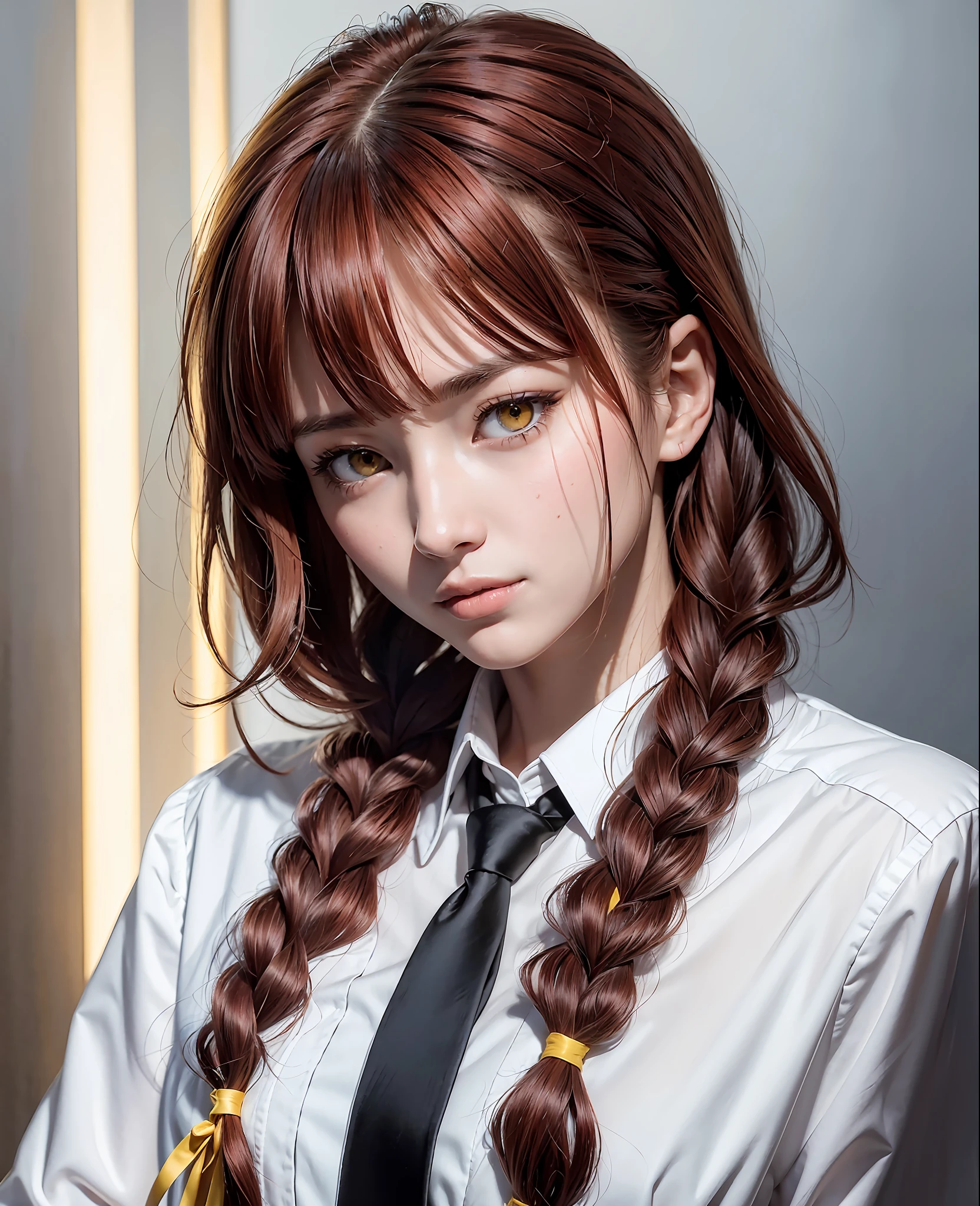 Detailed Images, (Masterpiece), (Best Quality), Makima \(Chainsaw Man\), (Red Hair) + (Single Braid) + (Bangs) + (sidelocks), ((Yellow Eyes)), in a suit, (White Shirt) + (Black Tie), Tied Up \(Nonsexual\), 20yo, Staring, Smile, (Evil: 1.2), Look at Viewer, (Dark Background, Chain: 1.3),(Solo, Detailed Face, perfect lighting, perfect shadow, perfect eyes, girl focus, perfect hair, perfect face), frontal,
