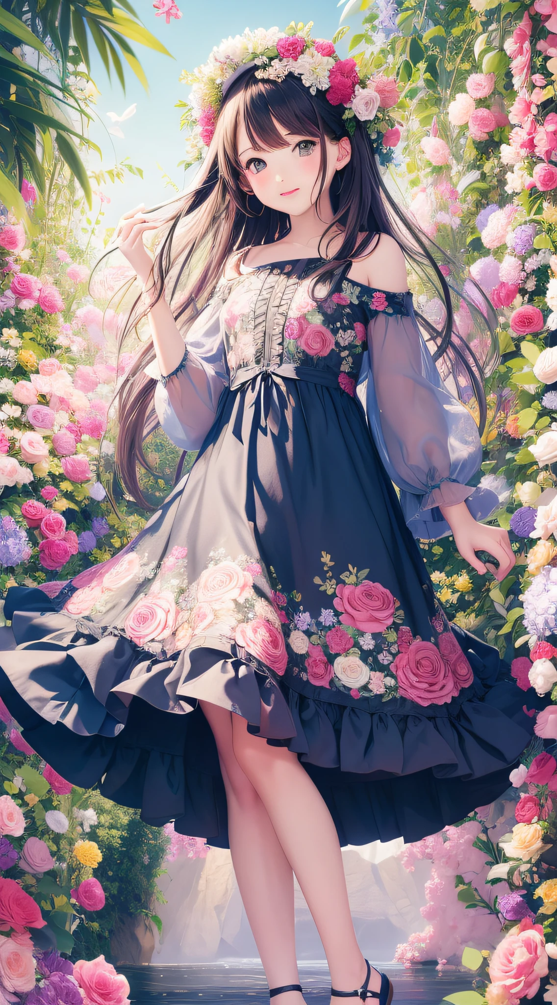 In summer, flowers, a girl in a dress walks