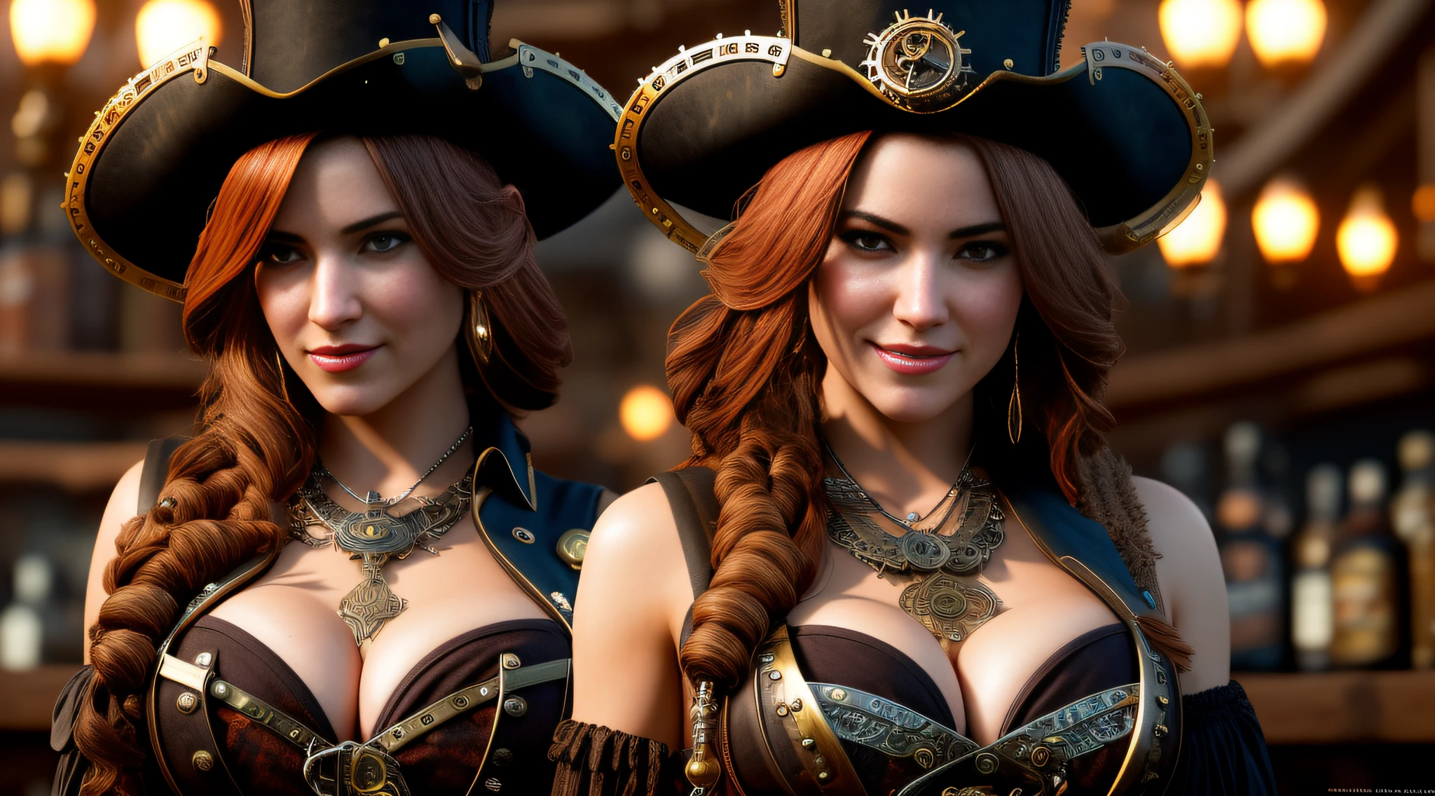 award winning full body photo of ((a steampunk pirate)) in a wild west saloon,(red hair),((smiling)),((hour glass figure)),((cleavage)), (huge breasts), ((corset with engrave in)), long coat,(time traveler weapon), ((steampunk weapon)), ((steampunk jewels)),(( accentuated booty)), western bar with many (gears) and (clocks), detailed intricate iris, (((detailed facial features))), (very detailed skin:1.2), (game concept:1.3),  (depth of field:1.3), global illumination, backlighting, bloom, ((warm light)), sharp focus, photo realistic, detailed skin, background out of focus, cinematic composition , ultra-detailed, realistic , hyper-realistic , volumetric lighting, 8k,  cinematic composition, trending on artstation, playboy style