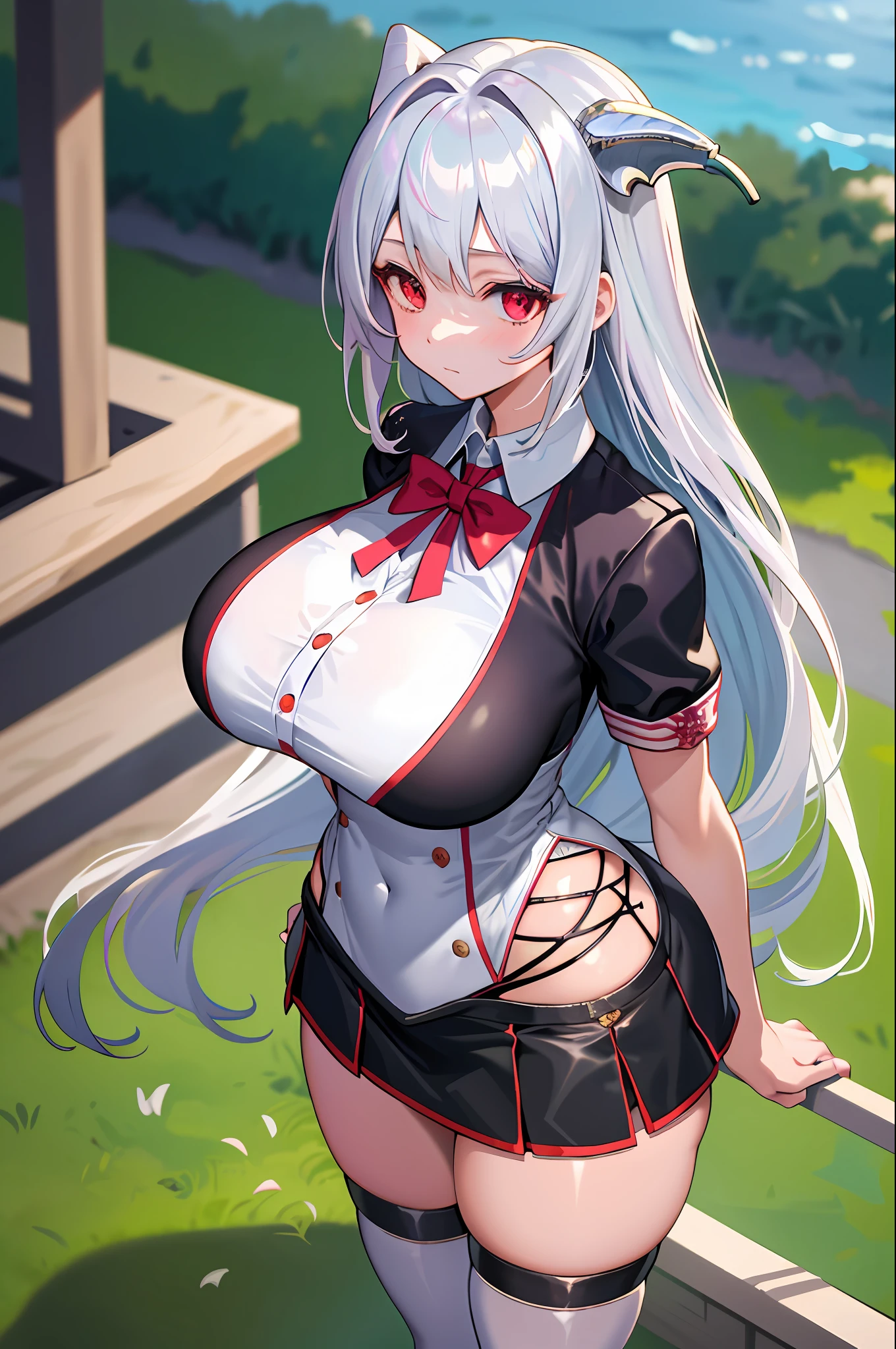 masterpiece, best quality, high_resolution, fine details, very detailed and beautiful, distinct_image, 1 girl, solo, from above, silver hair, red eyes, dragon horns, (huge breasts), (),outdoor,curvy, dolphin shorts, arms behind the back,school uniform,thighhigh,miniskirt