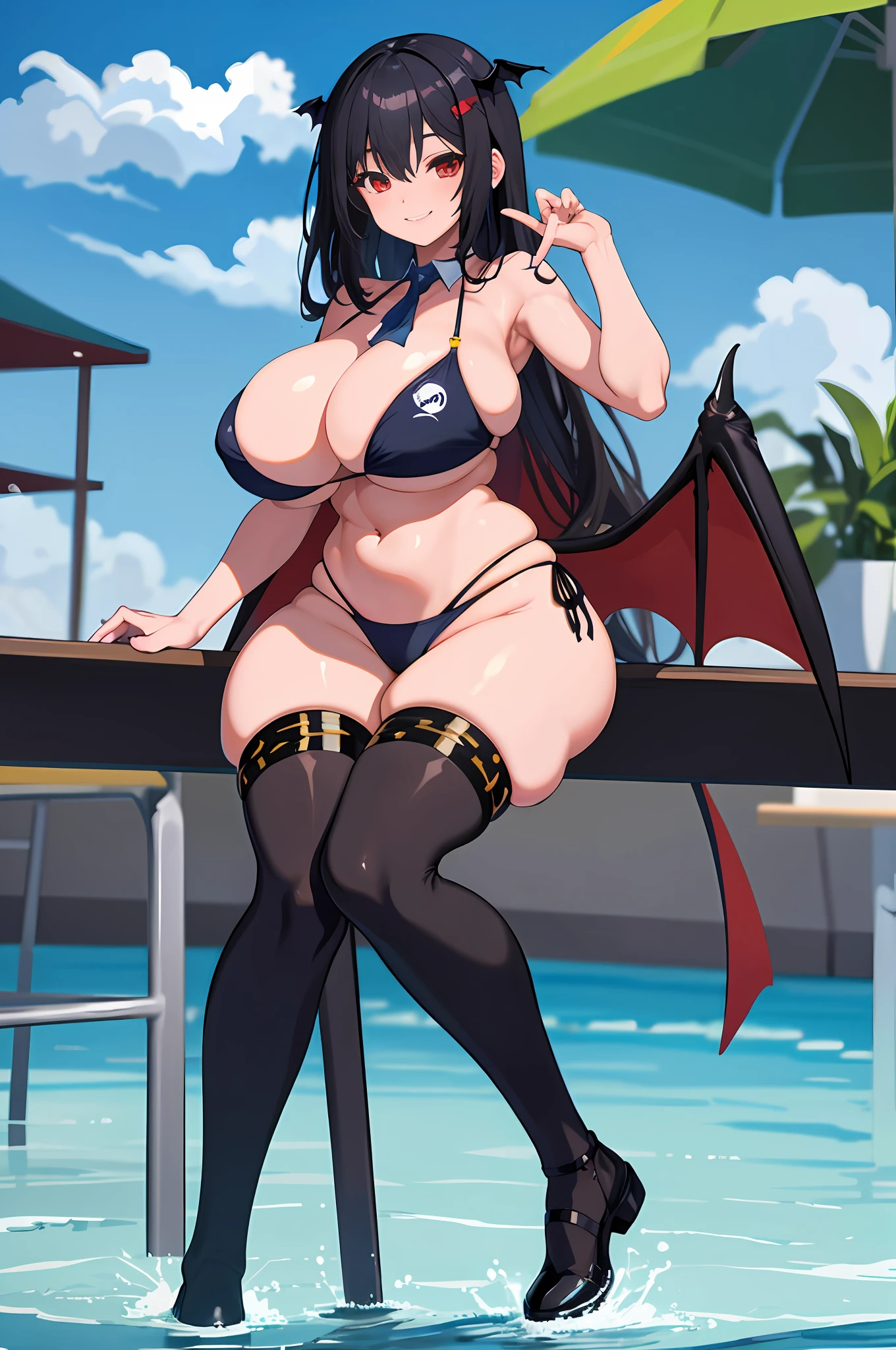 masterpiece, best quality, high_resolution, fine details, very detailed and beautiful, distinct_image, curvy,1 girl, solo, black hair,smile red eyes, succubus, (huge), (),outdoor,pool, dolphin shorts,school swimsuit,thighhigh,