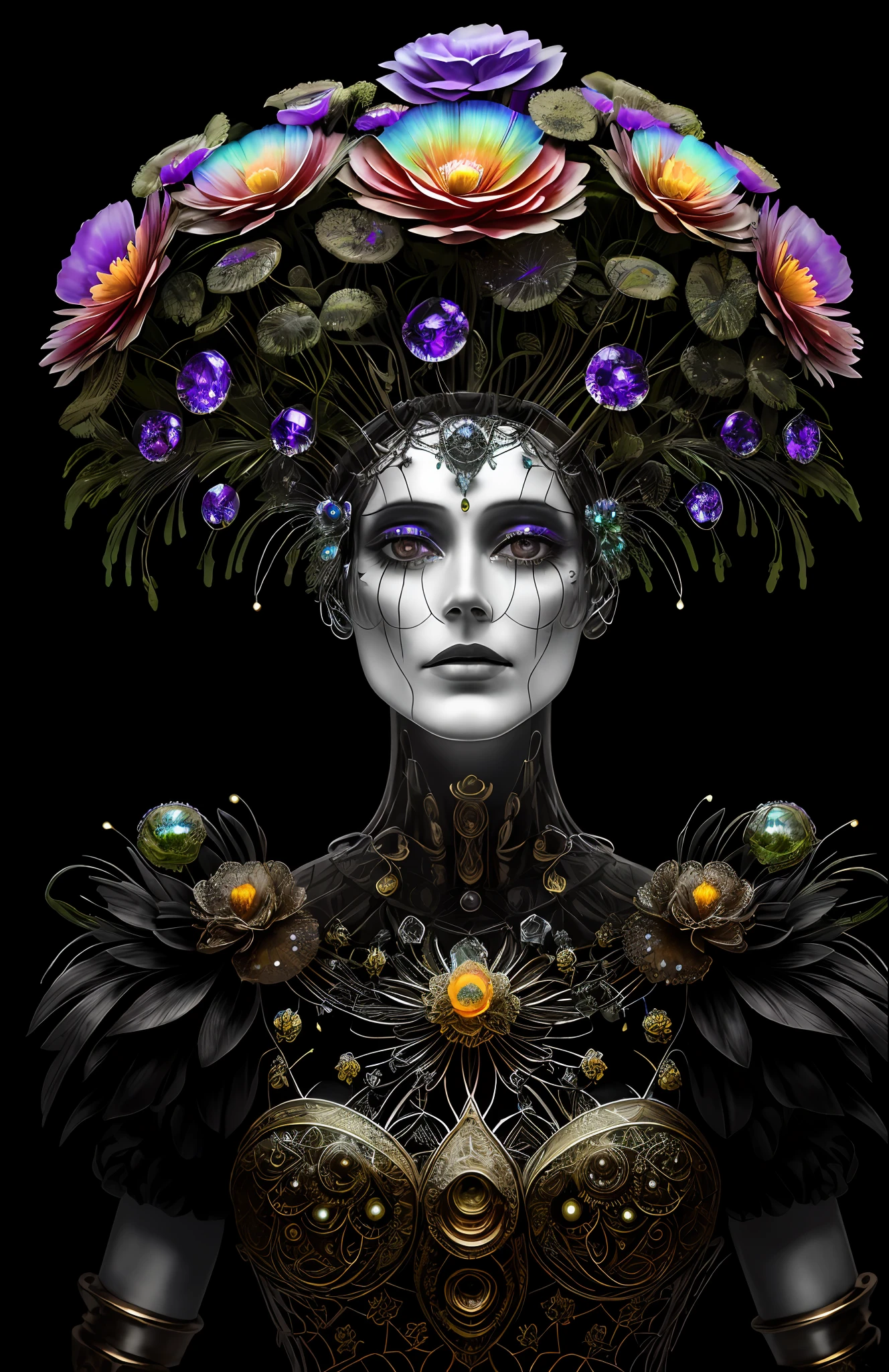 "Rosen maiden, (masterpiece, best quality), (illustration), strange fungal disease dense forest, transparent sticky substance, caustics, crystals, close-up, intricate details, dark background, sparkling spores, rainbow crystals, darkness", made of metal, cyborg: 1.1, [detailed wire]: 1.3, (complex details), HDR, (complex details, hyperdetailed: 1.2),