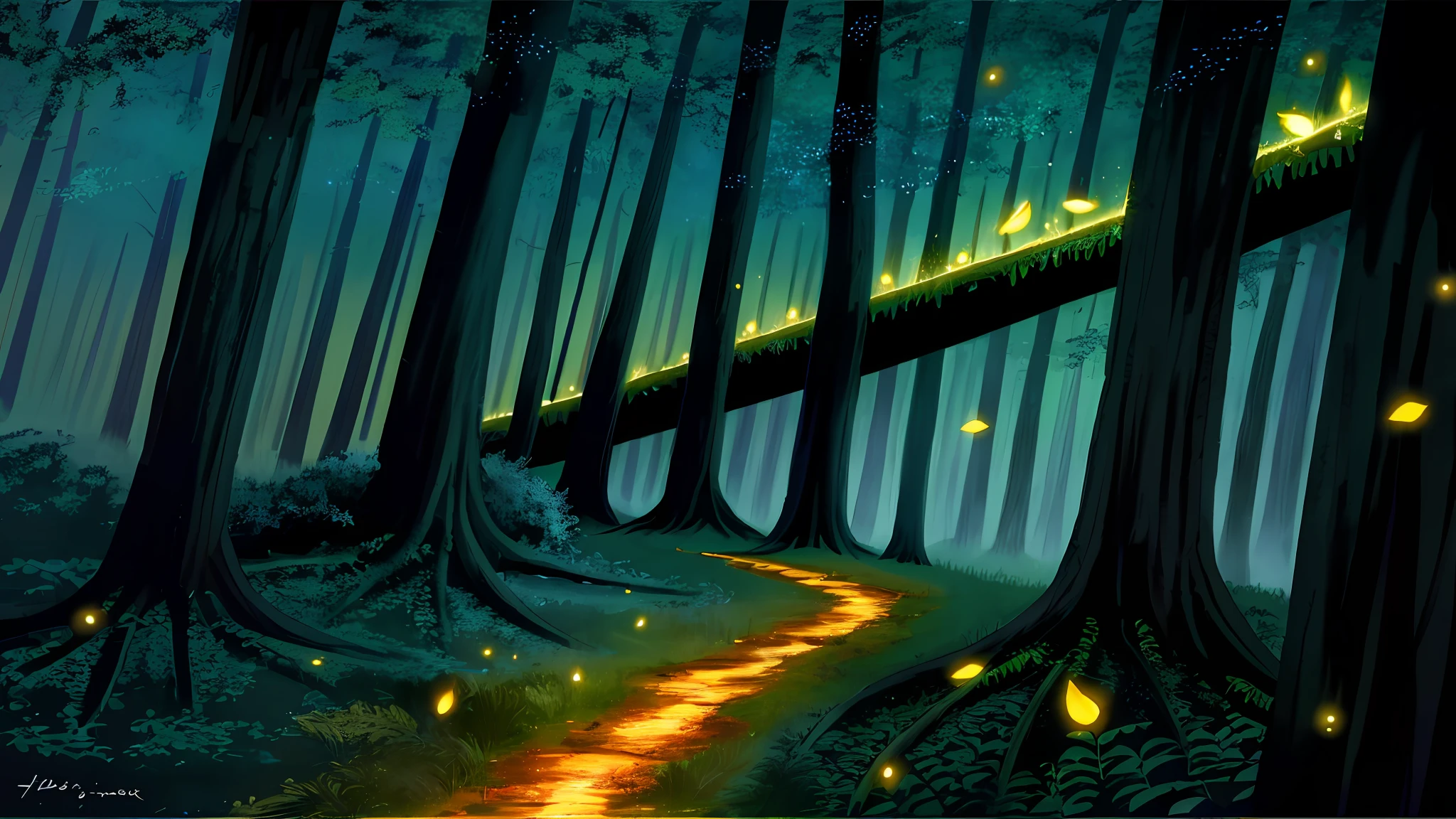 Night, late night, forest, trees, fireflies