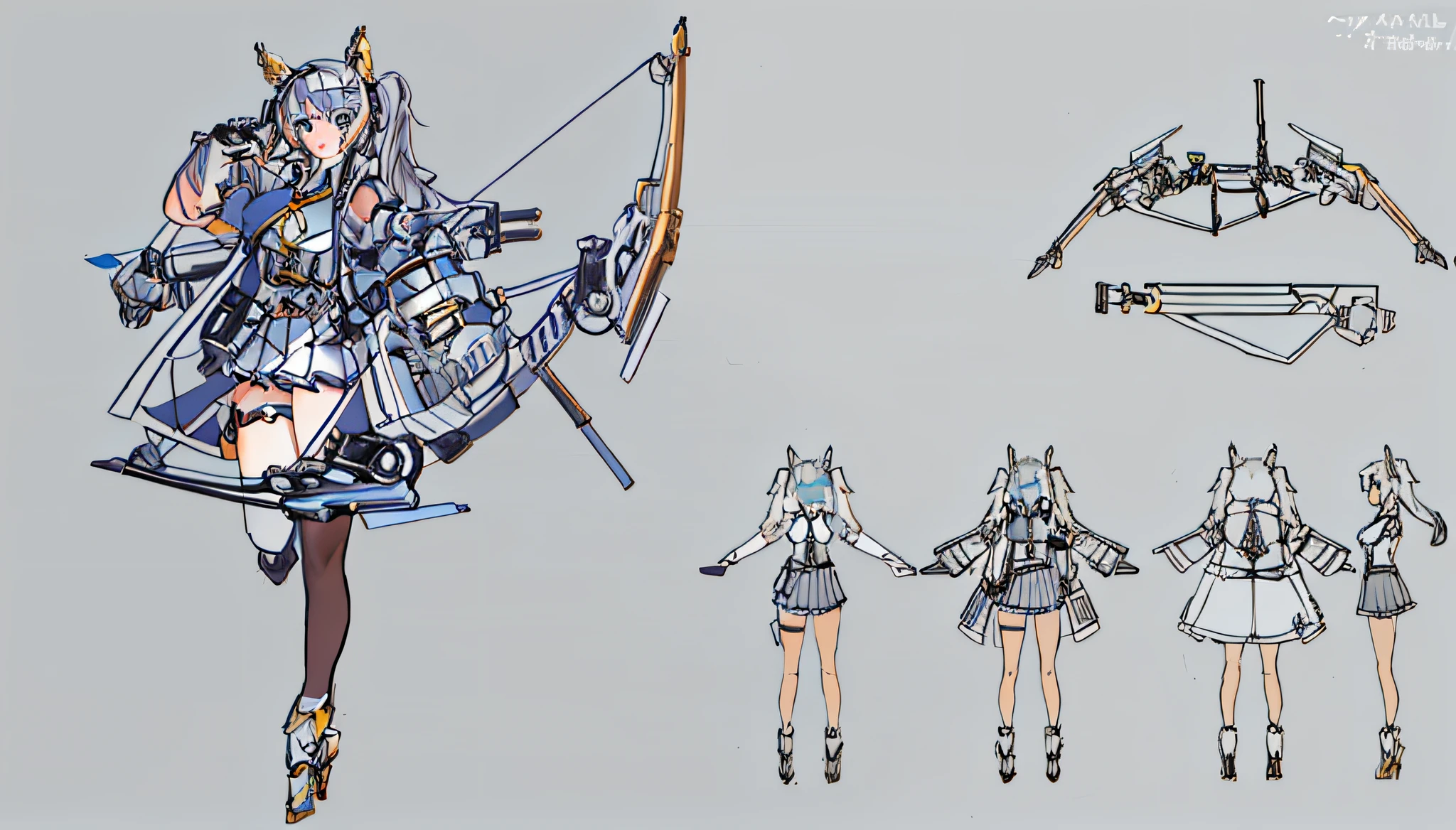 sketches of a female character from the video game overwatch, mechanized valkyrie girl, kantai collection style, full body action concept art, ( ( character concept art ) ), mechanized valkyrie, hold mechanical bow and arrow, tome + concept art, detailed full body concept art, azur lane style, various pose, character design sheet, line work concept art, valkyrie style character