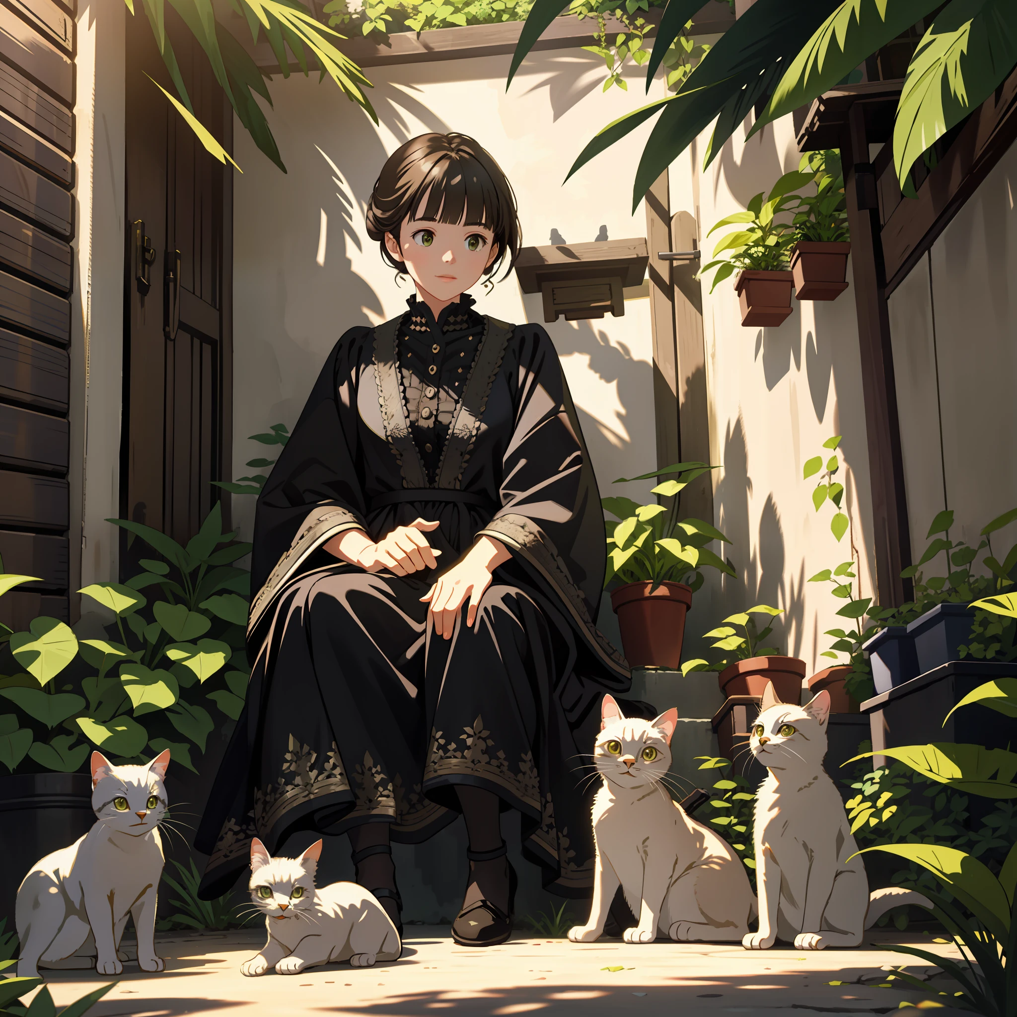 detailed face, extremely detailed CG unity 8k wallpaper, intricate details, best ratio four finger and one thumb, best light and shadow, background is back alley, detasiled sunlight, sitting, Little cats are gathered next to him, dappled sunlight, day, plants, summer, depth of field