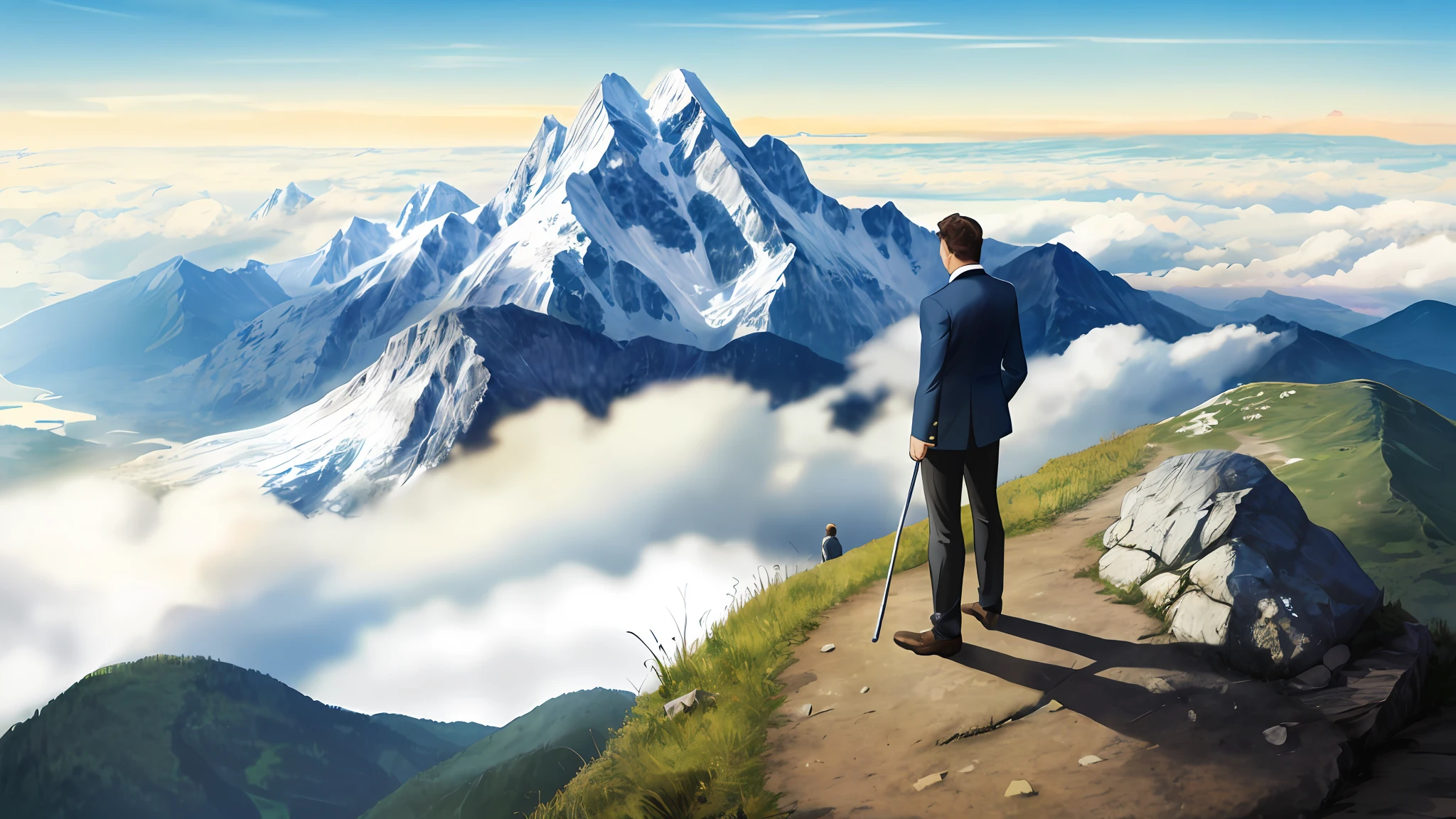 a man, mountaintop, Standing on the hill and watching, Panoramic view