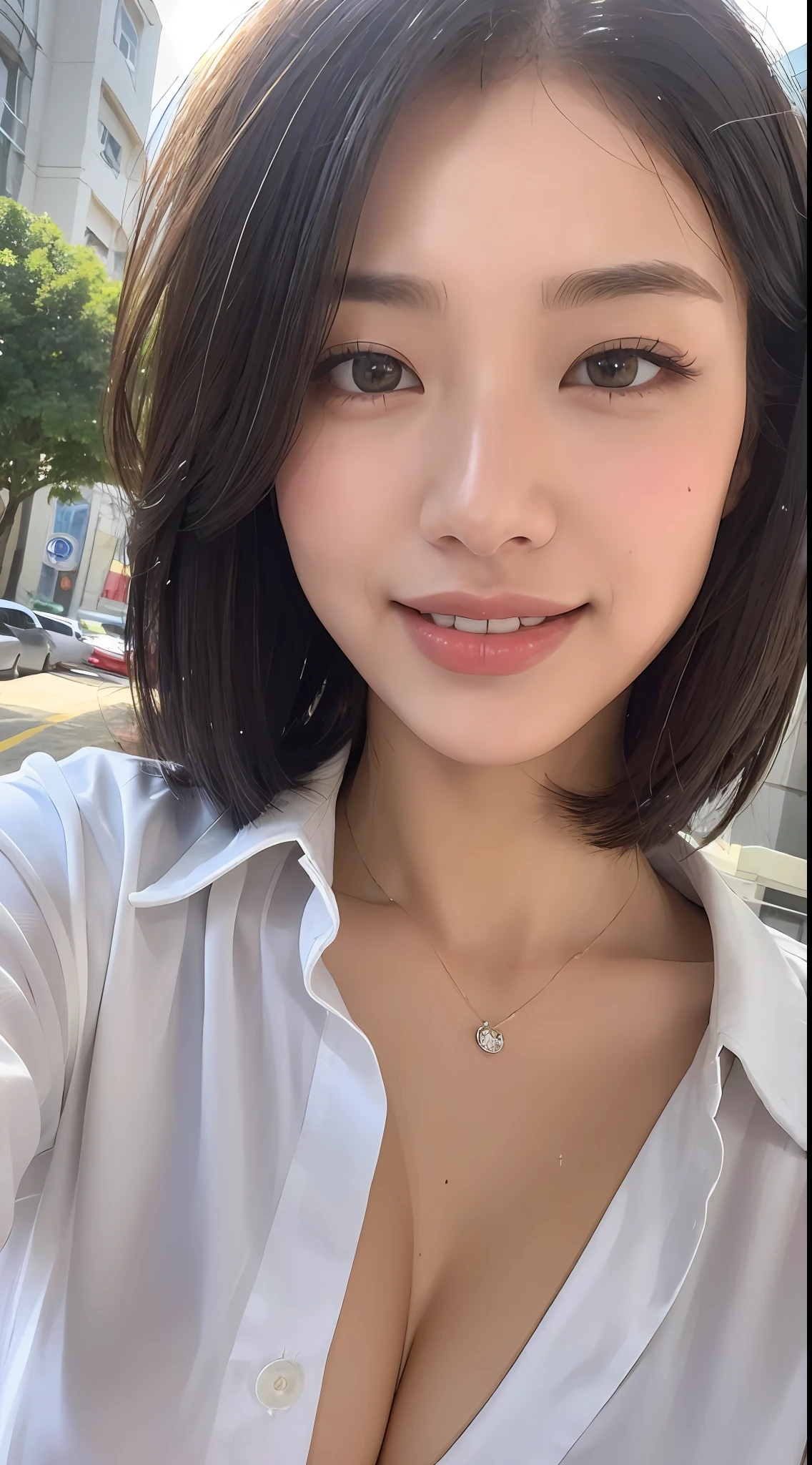 ((Best quality, 8k, Masterpiece: 1.3)), Sharp focus: 1.2, A beautiful, smiling, elegant old woman, gray hair, perfect eyes, with perfect body: 1.4, Thin abdomen: 1.2, ((Layered haircut, Normal breasts: 1.2)), (Thin and damp button up to shirt length: 1.1), (White shirt closed, wet by rain), (Rain, Street: 1.2), Wet body: 1.1, Highly detailed facial and skin texture, Detailed eyes, Double eyelid, tanned skin, elegant, tanned