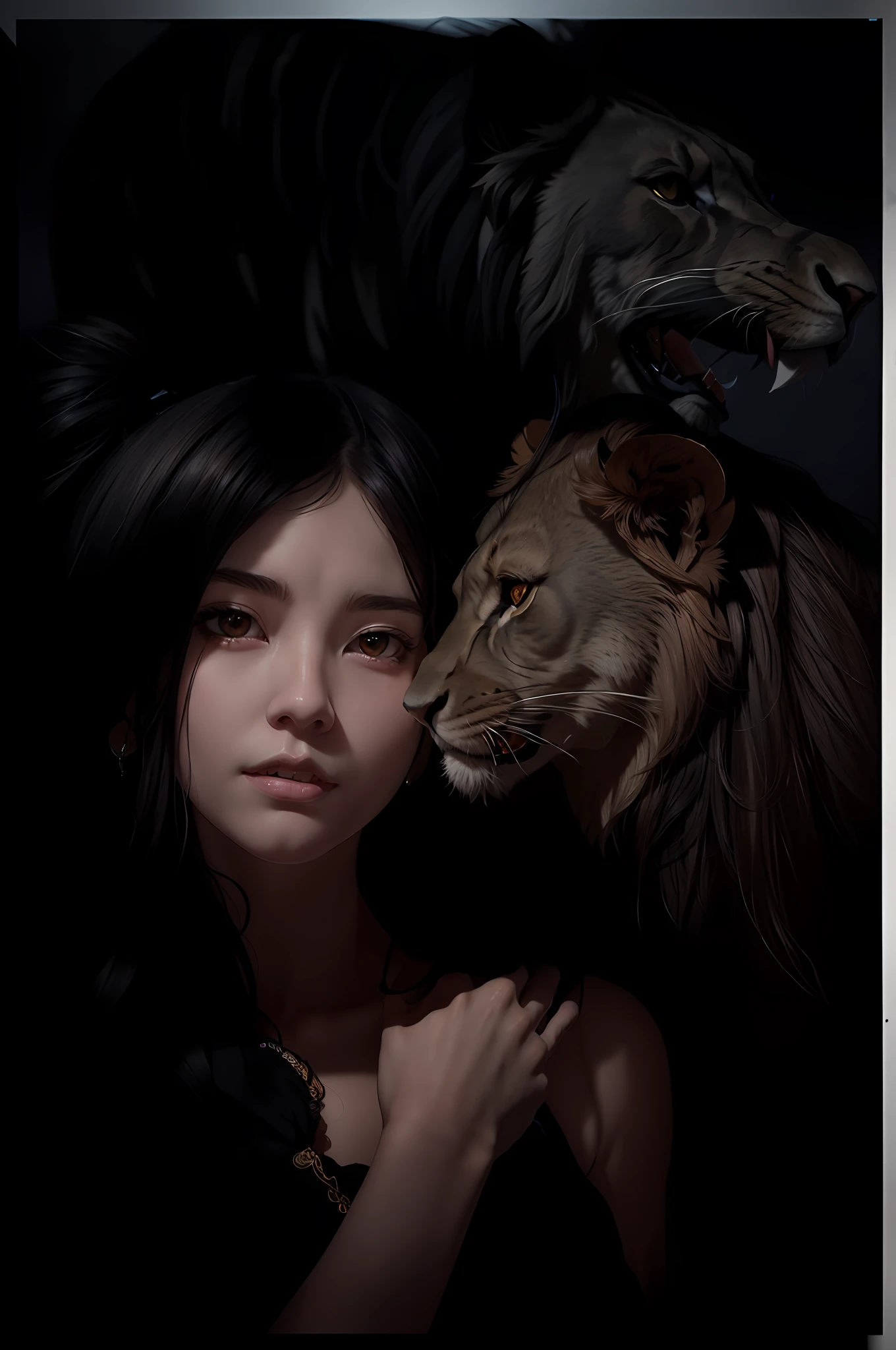 there is a woman that is holding her shoulder , there's a pet lion roaring , in the art style of bowater, realism artstyle, inspired by WLOP, by Ni Tian, by Yang J, by Jin Nong, [ 4 k digital art ]!!, by Ni Yuanlu, realistic artstyle, artwork in the style of guweiz