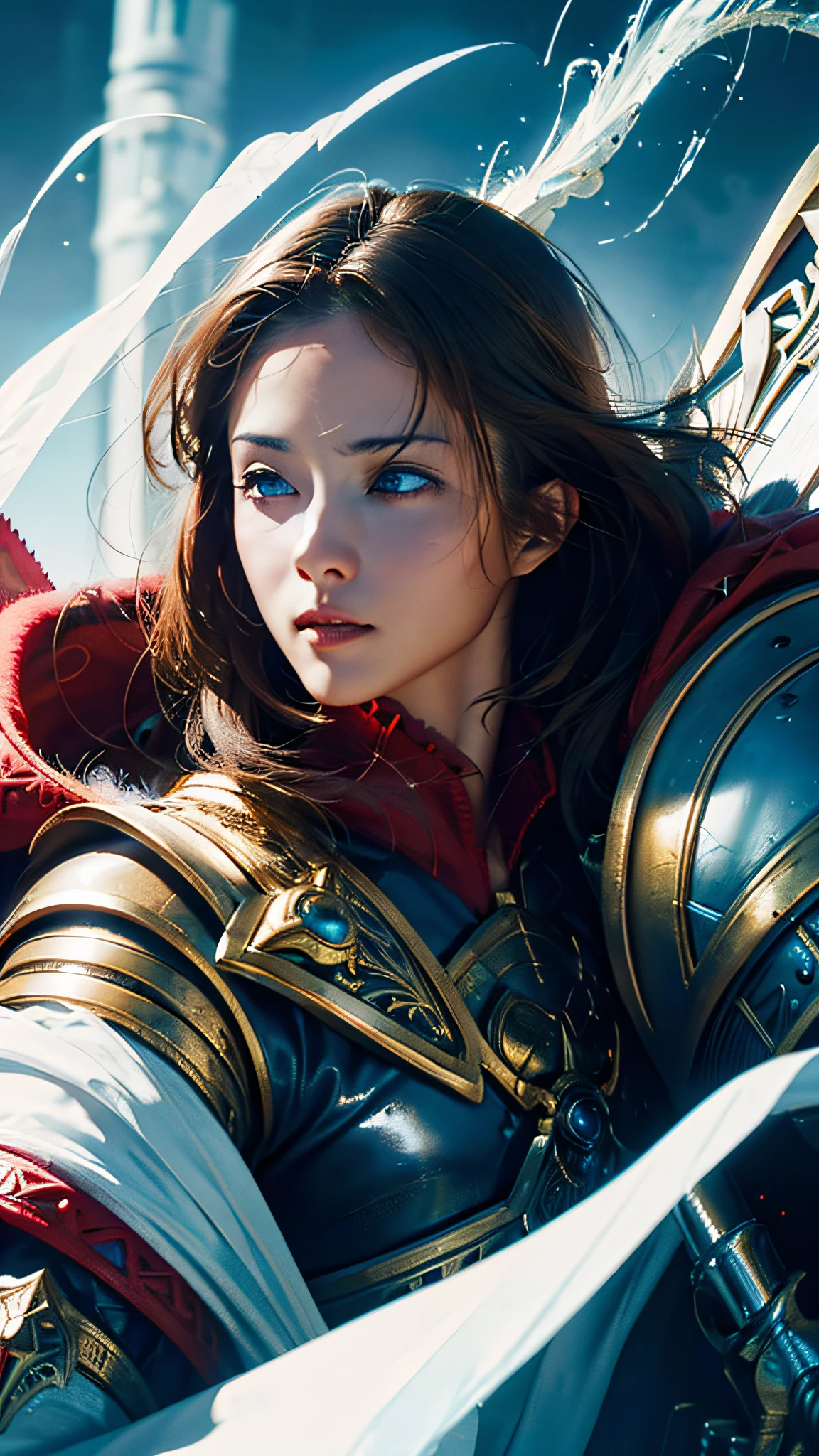 Official Art, Unity 8k Wallpaper, Ultra Detail, Masterpiece, Best Quality, One Woman, (Very Detail), Dynamic Angle, Mystical Expression, Fire Glowing Effect, Fantasy Background, Rim Lighting, Side Light, Cinematic Light, Ultra High Definition, 8k UHD, Film Grain,Best Shadow, Delicate, RAW, Light Particles, Detailed Skin Texture, Detailed Armor Texture, Detailed Face, Intricate Detail, super detailed, bright, strong, white armor, holding weapons, holding shields, pole dron, (((brunette hair)), very shining blue eyes, long red cloak, fantasy, (realistic),