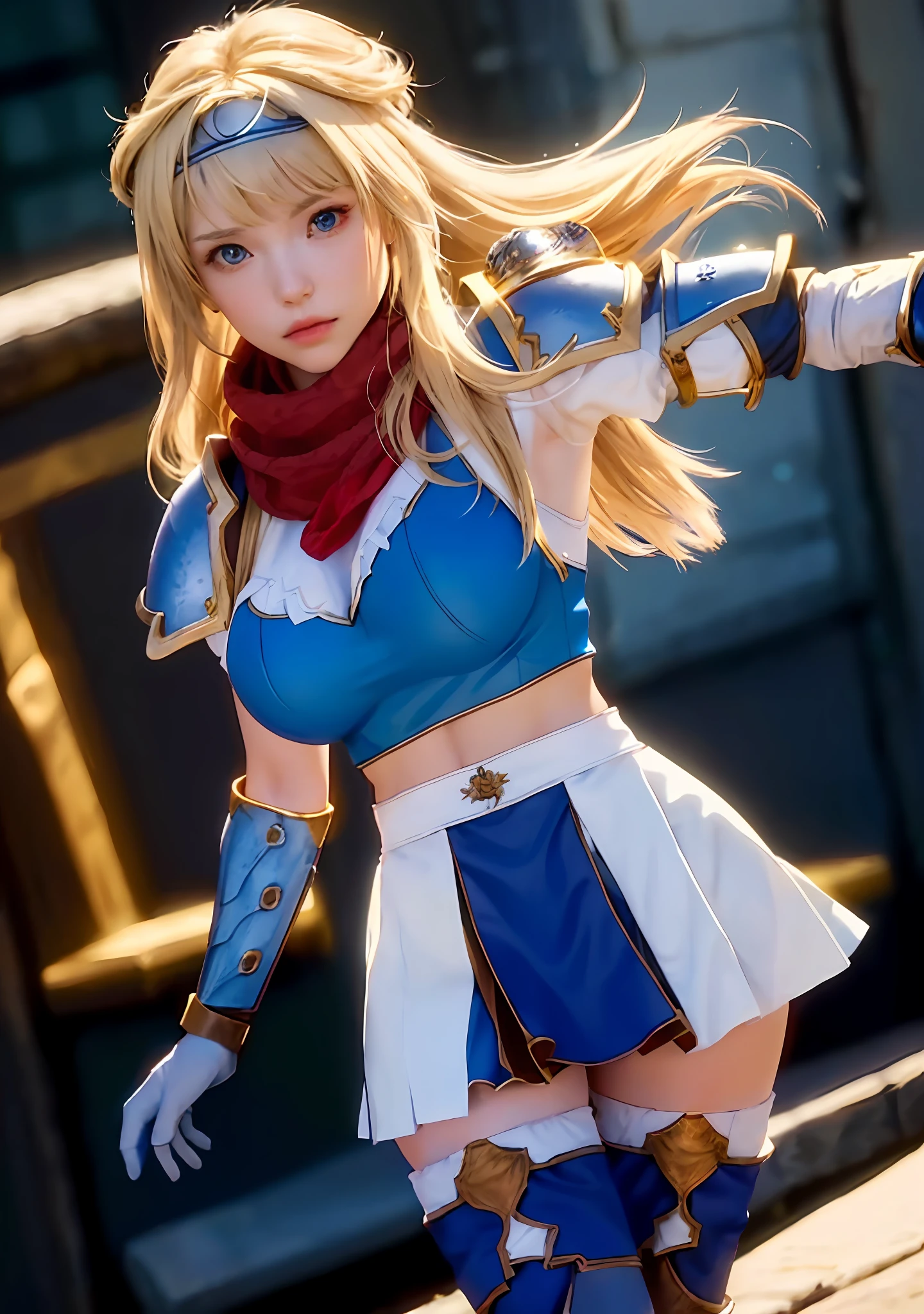 Armor, gauntlets, hairband, wearing a blue outfit, a red scarf with a bow around her neck, boots, greaves, thighhighs, navel, skirt, Alicia Arcturus, blonde_long_hair, blue_eyes, 1 girl, Solo, full body, 20yo, mature female, Beautiful Finger, Beautiful long legs, Beautiful body, Beautiful character design, looking at viewer, (innocent_big_eyes:1), (expressionless:1.3), perfect lighting, Colorful, Bright_Front_face_Lighting, (masterpiece:1), (best_quality:1), ultra high res, 4K, ultra-detailed, blurry background, bokeh:1.2, lens flare, (vibrant_color:1.2), (Beautiful,large_Breasts:1.4), (narrow_waist), white panties, lower body focus, Leg up, dynamic pose,