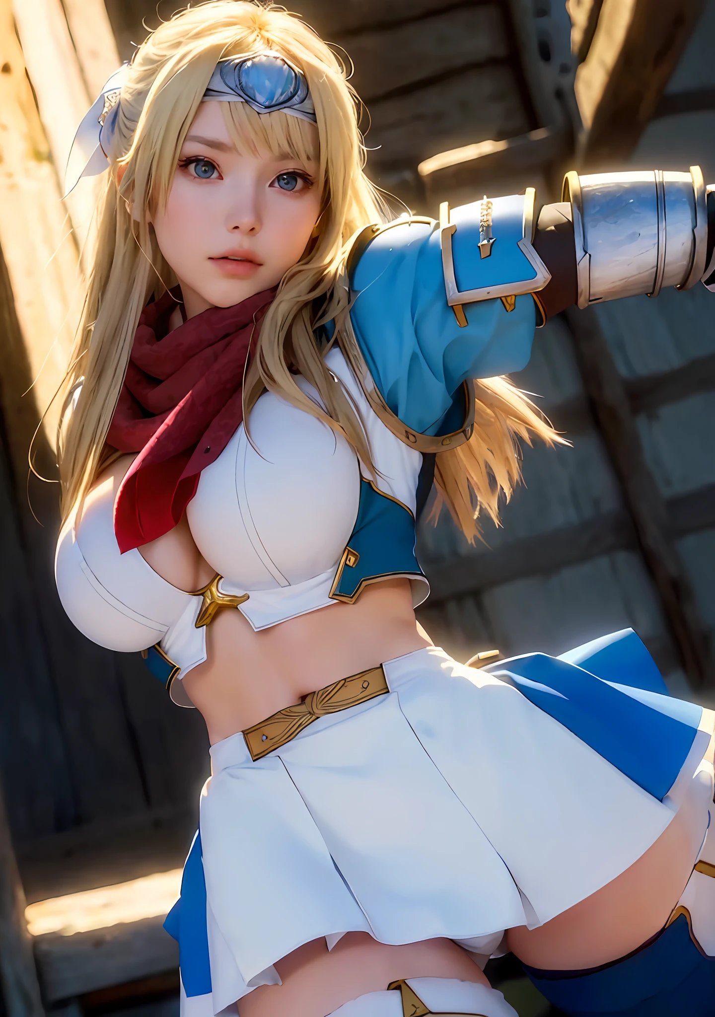 Armor, gauntlets, hairband, wearing a blue outfit, a red scarf with a bow around her neck, boots, greaves, thighhighs, navel, skirt, Alicia Arcturus, blonde_long_hair, blue_eyes, 1 girl, Solo, full body, 20yo, mature female, Beautiful Finger, Beautiful long legs, Beautiful body, Beautiful character design, looking at viewer, (innocent_big_eyes:1), (expressionless:1.3), perfect lighting, Colorful, Bright_Front_face_Lighting, (masterpiece:1), (best_quality:1), ultra high res, 4K, ultra-detailed, blurry background, bokeh:1.2, lens flare, (vibrant_color:1.2), (Beautiful,large_Breasts:1.4), (narrow_waist), white panties, lower body focus, Leg up, dynamic pose,