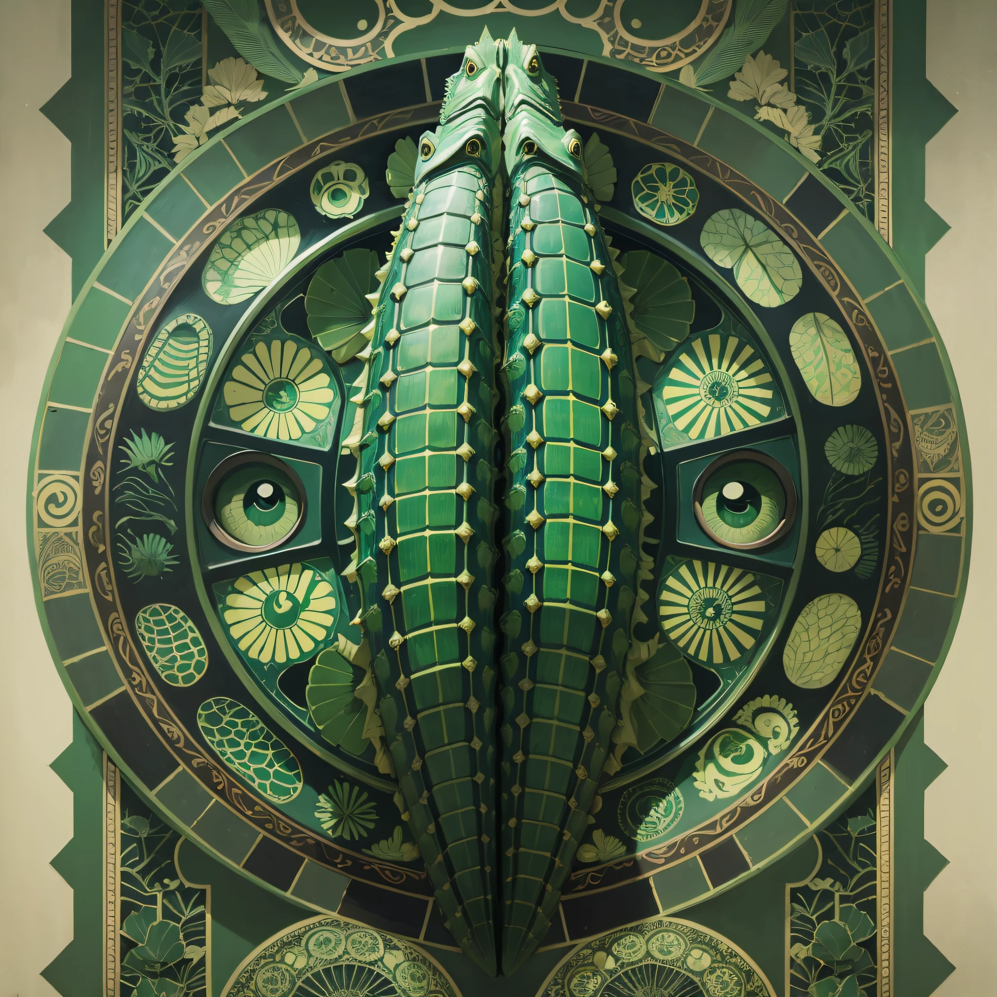 Shrimp Caiman Aligator Deep Sea Tired Large Rifle green, Exquisite, Grandiose and opulent in the style of Sonia Delaunay, theCHAMBA and Austin Osman Spare, 32k resolution --auto --s2