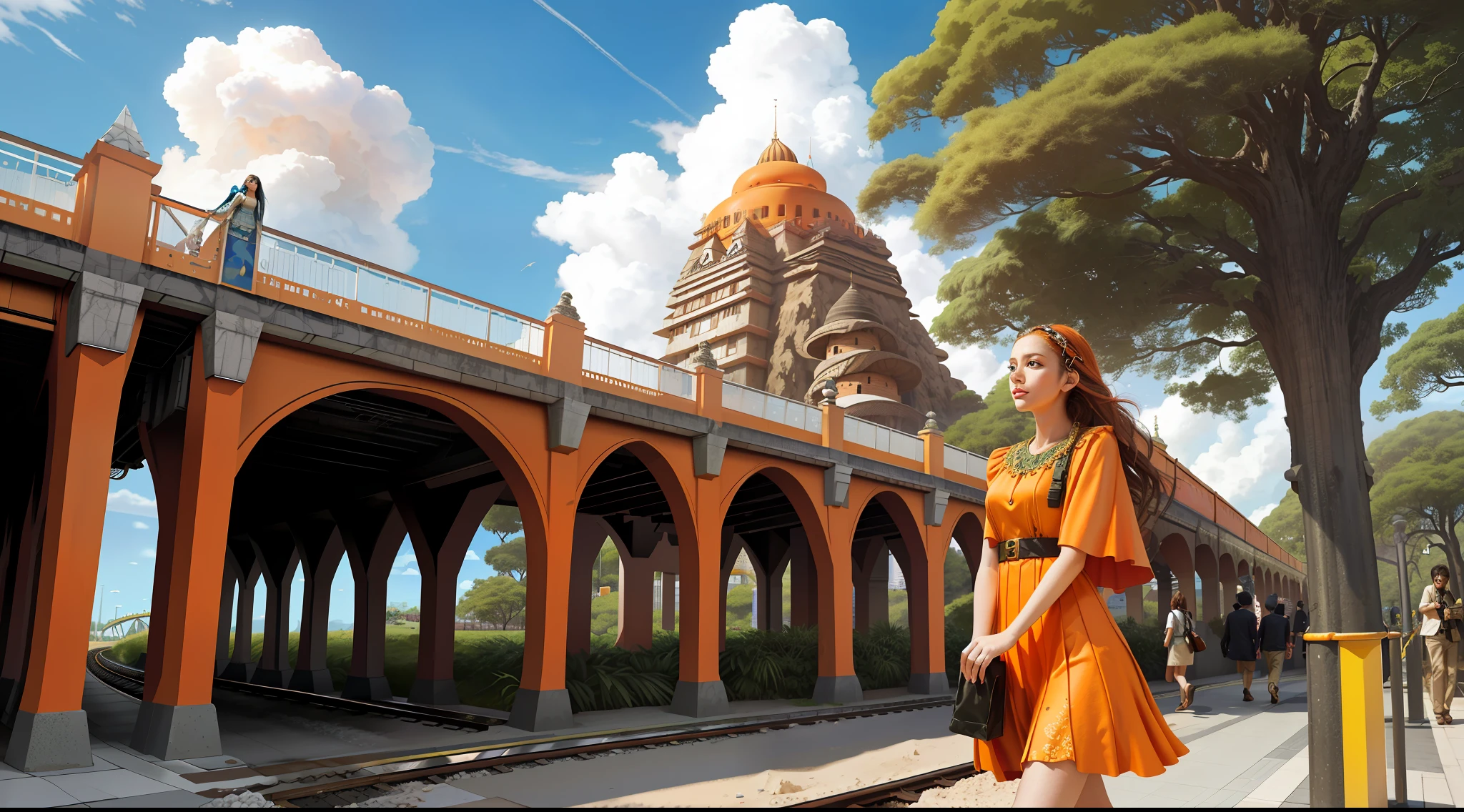 surreal giant orange rain tree, futuristic prehistoric village, surreal, masterpiece, top quality, high quality, highly detailed CG, splash, sand fragments, fluffy clouds, super detail, HDR, photorealistic, super detailed, railway, subway, overpass, girl in her 20s strolling