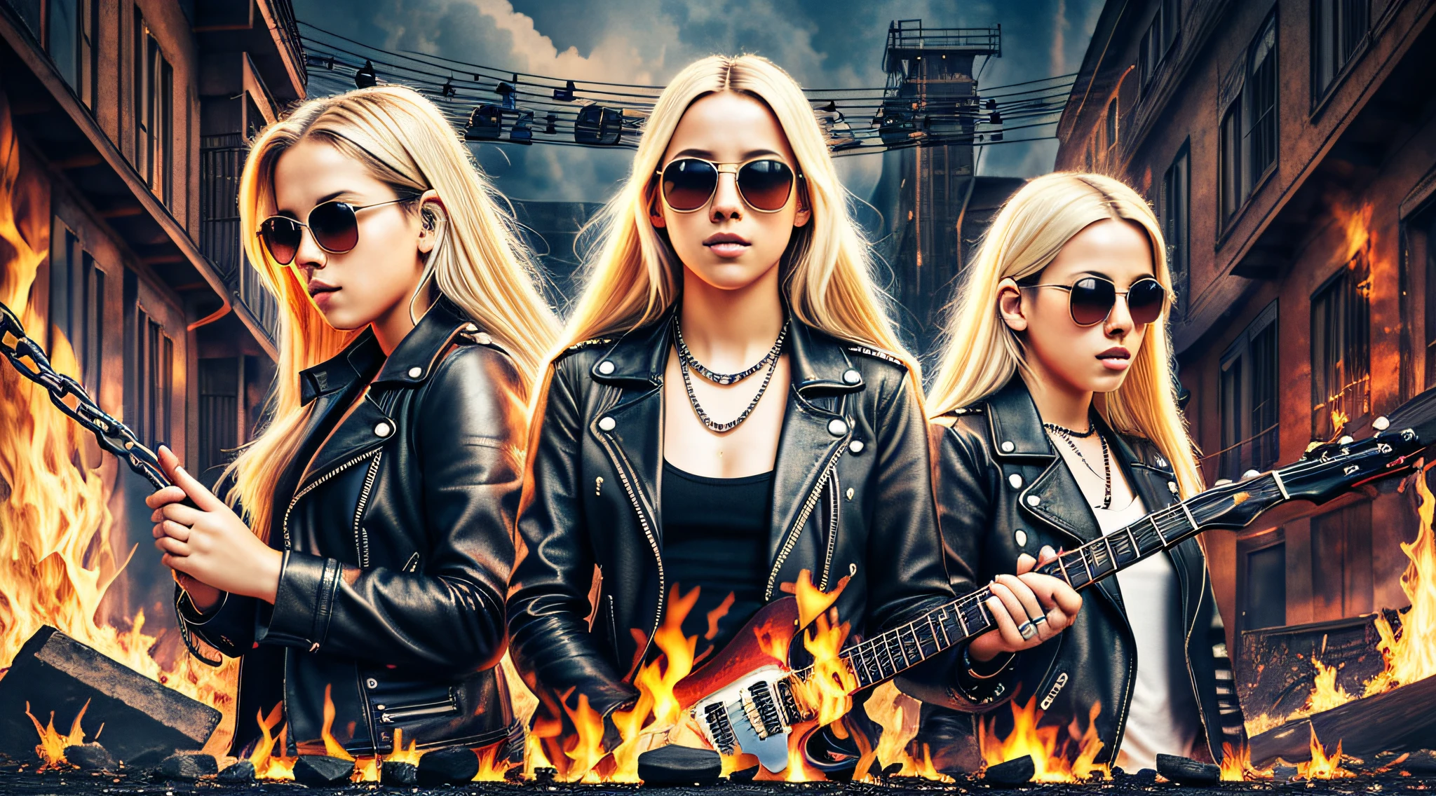 A half body, portrait of 3 girls German children long platinum blonde hair of 12 years, red leather jackets, sunglasses, background of chains, chain, more chains, many chains, a speaker with a burning guitar, rock music, rocking out, music album cover, on fire, fire theme, music theme, loud music, photorealistic music album cover,  music in the air, album art, jamming to music, fire roaring place, background art, background is on fire, album photo, music, electric guitar, profile picture