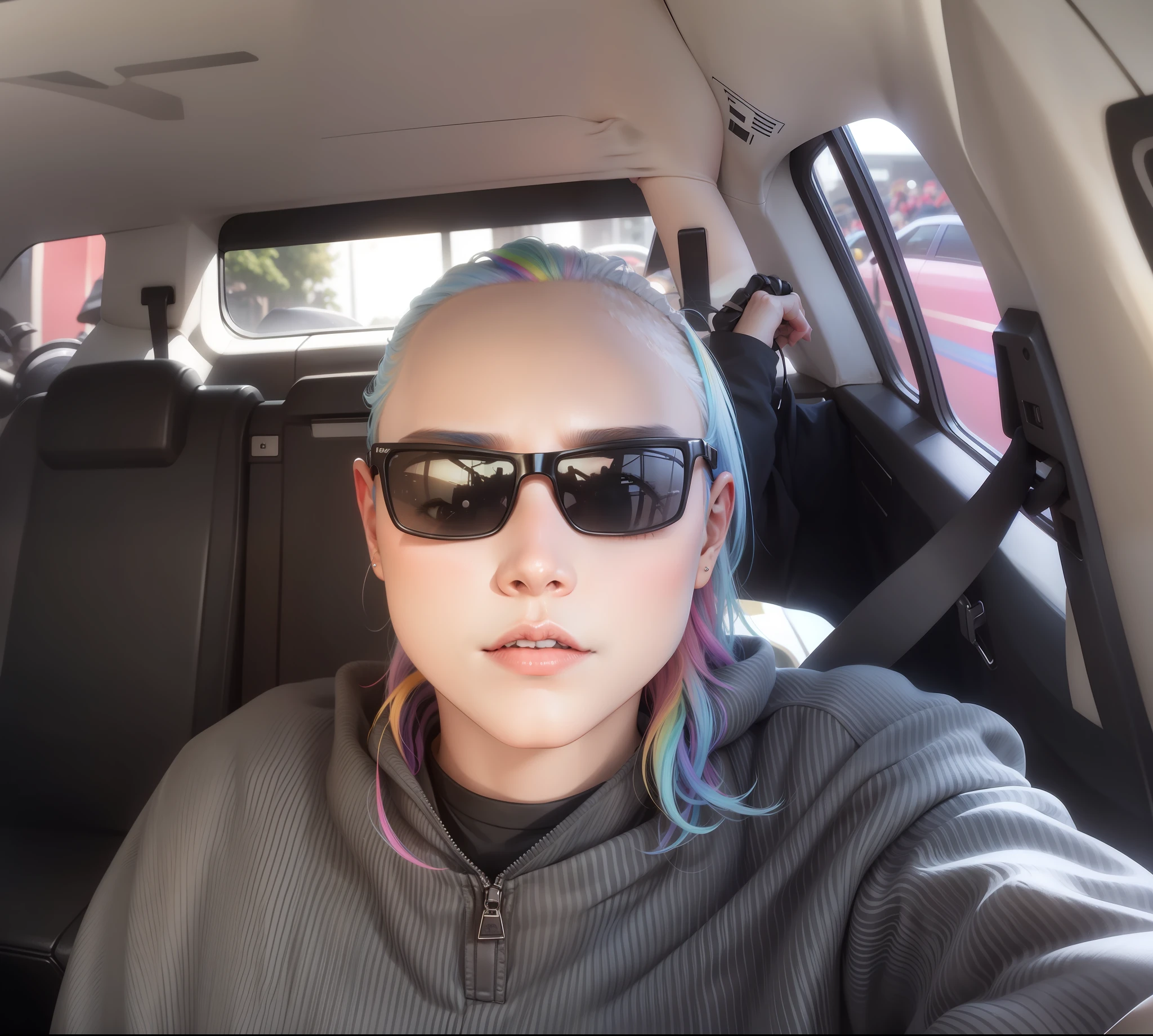 Insert a long, fringed, rainbow-colored hair