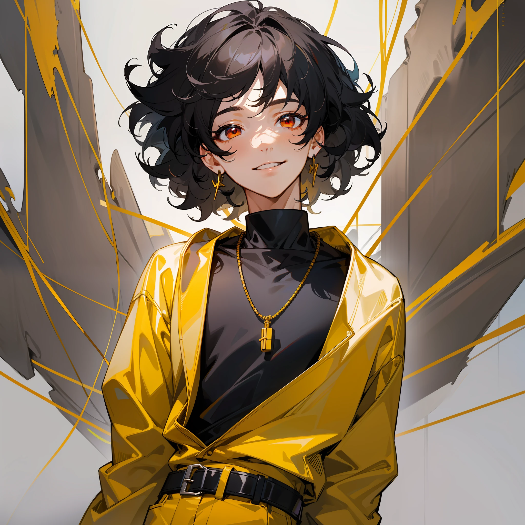 1 boy solo, close-up, determined eyes, black sweater, yellow pants with black belt, necklace, short black hair, gray strands, curls, smile, red eyes, (light features, detailed skin texture, beautiful face), white background, earrings, yellow leather, standing, masterpiece, top quality, best quality