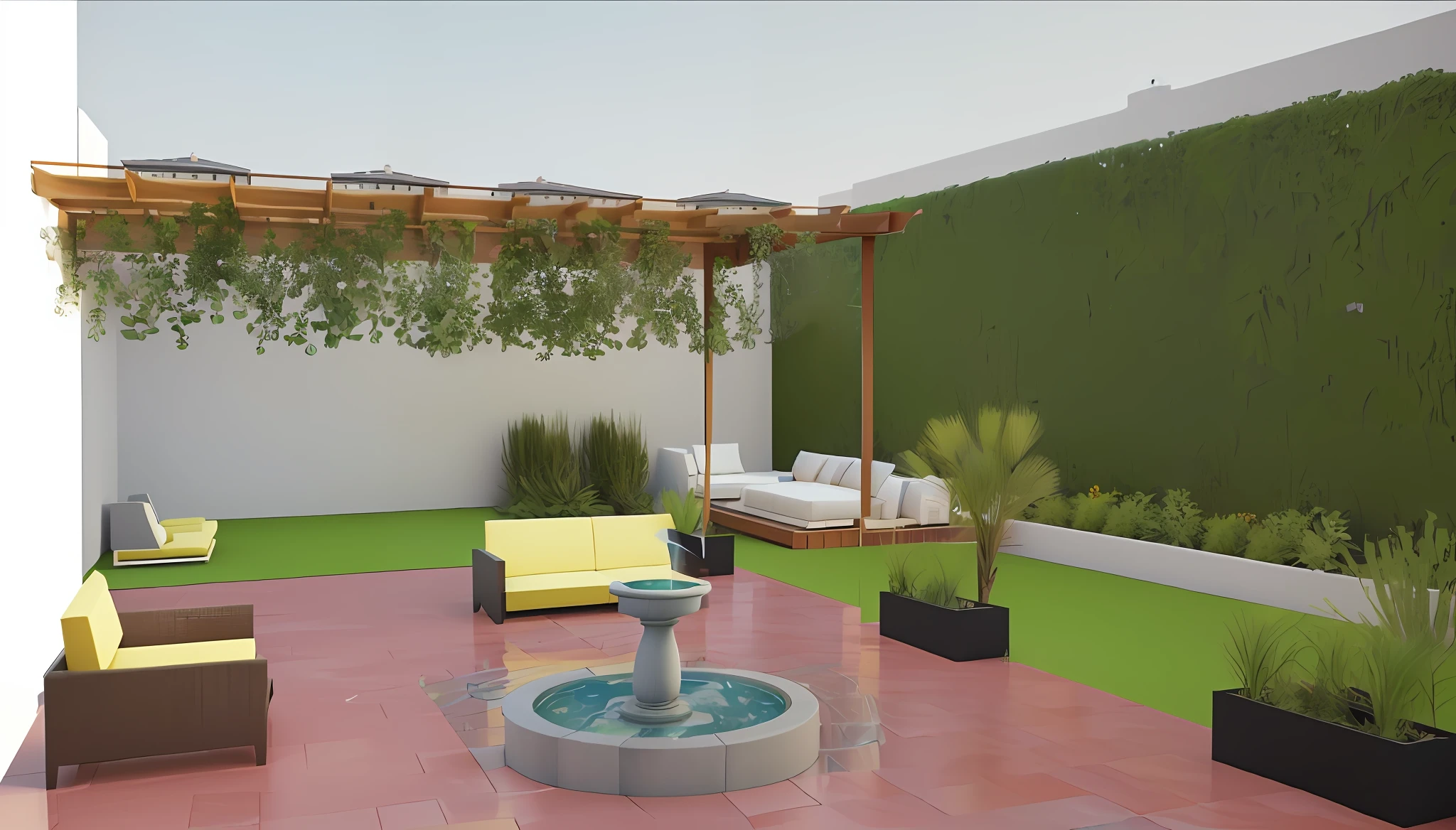 a rendering of a patio with a fountain and a bed, enscape render, outdoor design, rendered in enscape, patio, render 3 d, green terrace, 3 d finalrender, 3d finalrender, 3d final render, 3d rendering, 3 d rendering, plants and patio, 3d rendered, 3 d rendered, detailed rendering, roof garden