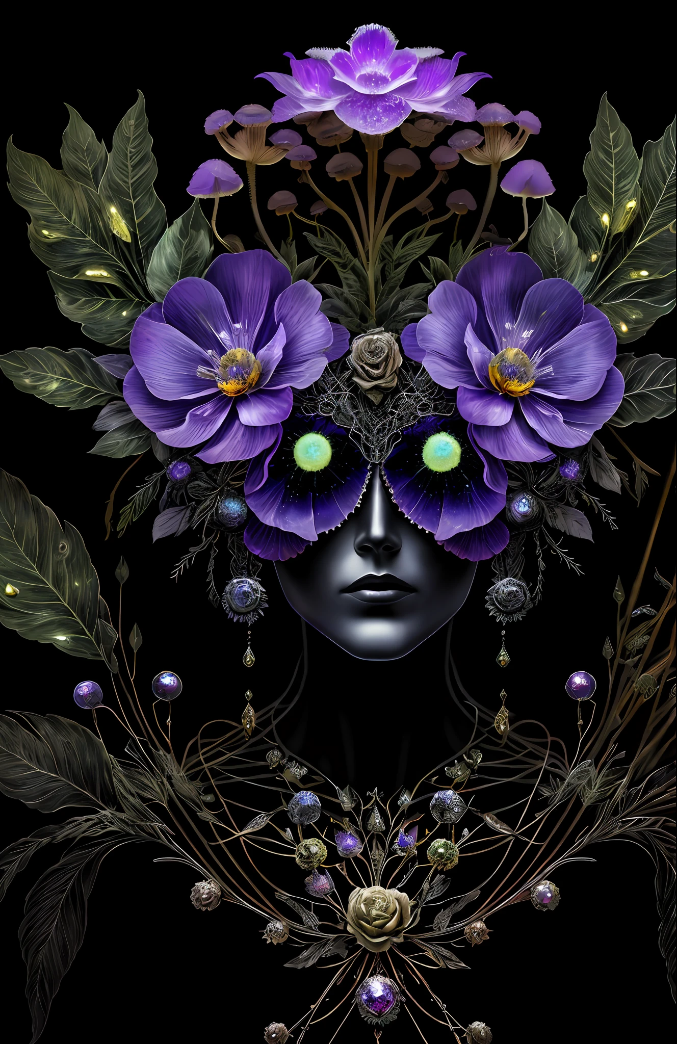 "Rosen maiden, (masterpiece, best quality), (illustration), strange fungal disease dense forest, transparent sticky substance, caustics, crystals, close-up, intricate details, dark background, sparkling spores, rainbow crystals, darkness", made of metal, cyborg: 1.1, [detailed wire]: 1.3, (complex details), HDR, (complex details, hyperdetailed: 1.2),
