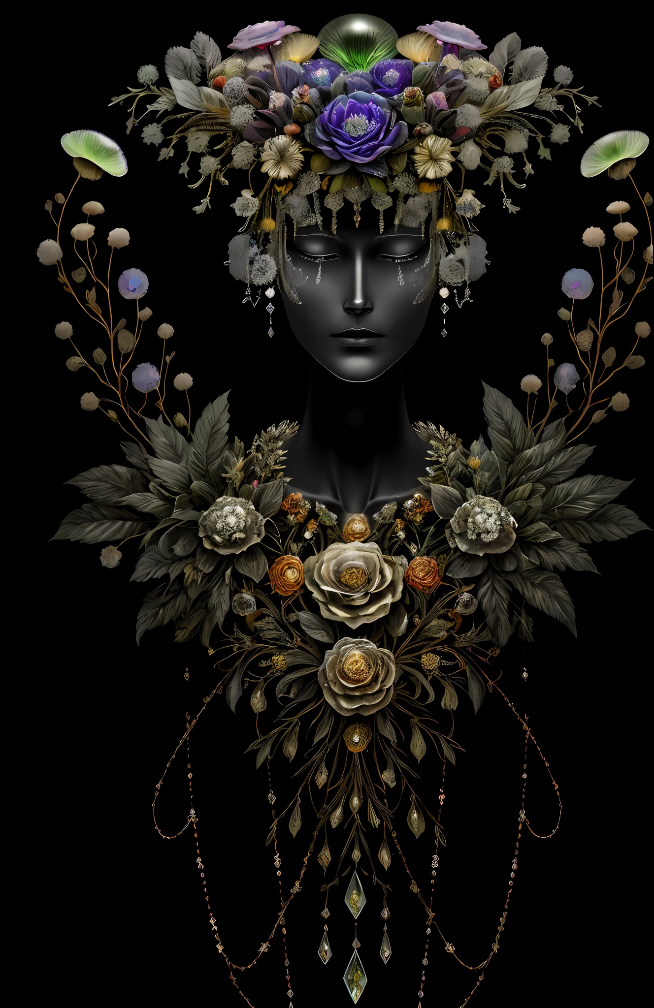 "Rosen maiden, (masterpiece, best quality), (illustration), strange fungal disease dense forest, transparent sticky substance, caustics, crystals, close-up, intricate details, dark background, sparkling spores, rainbow crystals, darkness", made of metal, cyborg: 1.1, [detailed wire]: 1.3, (complex details), HDR, (complex details, hyperdetailed: 1.2),