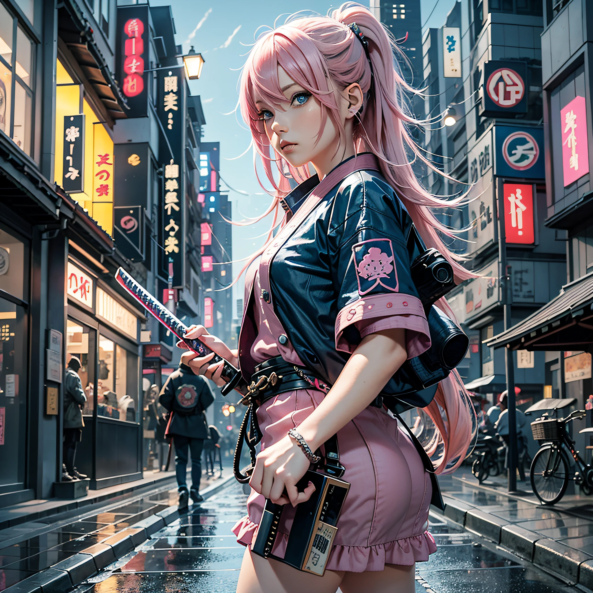 Girl with pink hair, blue eyes, holding a katana while fubdo a Japanese city with a lalamborghini at night