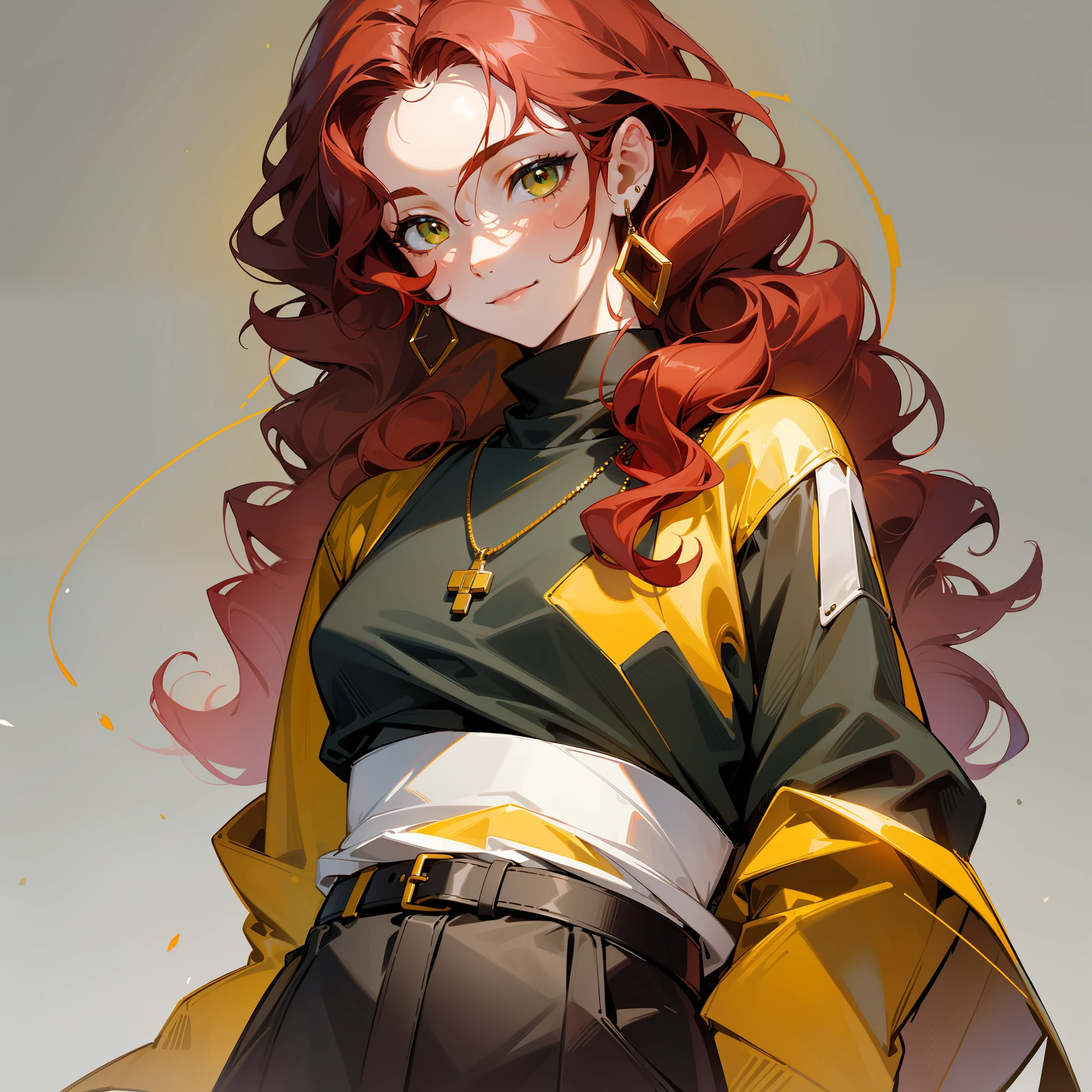 1 man solo, close-up, determined eyes, black sweater, yellow pants with black belt, necklace, long red hair, gray strands, curls, smile, green eyes, (light features, detailed skin texture, beautiful face), white background, earrings, yellow leather, standing, masterpiece, top quality, best quality