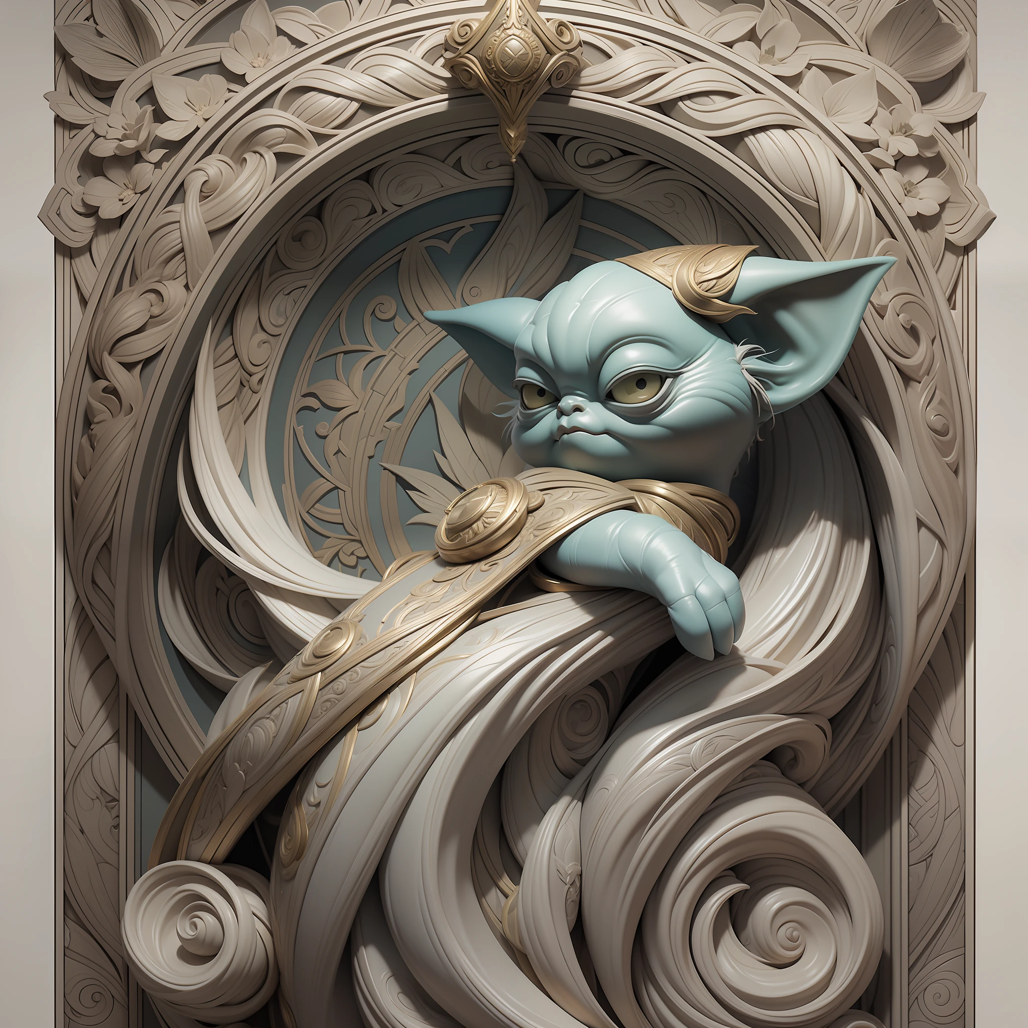 Creature (Little Yoda from Mandaloran, fantasy, realistic detail),
full-page scan of a drawing with drawings and borders in the Art Nouveau style, Art Nouveau on gray ink sketch paper with dark background :: ultra detailed technical precision :: mixed media with white and silver lines, realistic composition, point of interest in the golden section, light on the right, more dark below, monumentally artistic composition, high quality outline with fine lines, highly detailed rounded shapes, outside and inside, octane rendering --ar 1:2