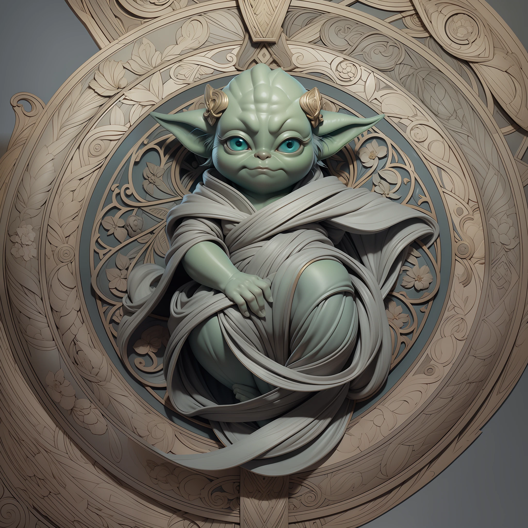 Creature (Little Yoda from Mandaloran, fantasy, realistic detail),
full-page scan of a drawing with drawings and borders in the Art Nouveau style, Art Nouveau on gray ink sketch paper with dark background :: ultra detailed technical precision :: mixed media with white and silver lines, realistic composition, point of interest in the golden section, light on the right, more dark below, monumentally artistic composition, high quality outline with fine lines, highly detailed rounded shapes, outside and inside, octane rendering --ar 1:2