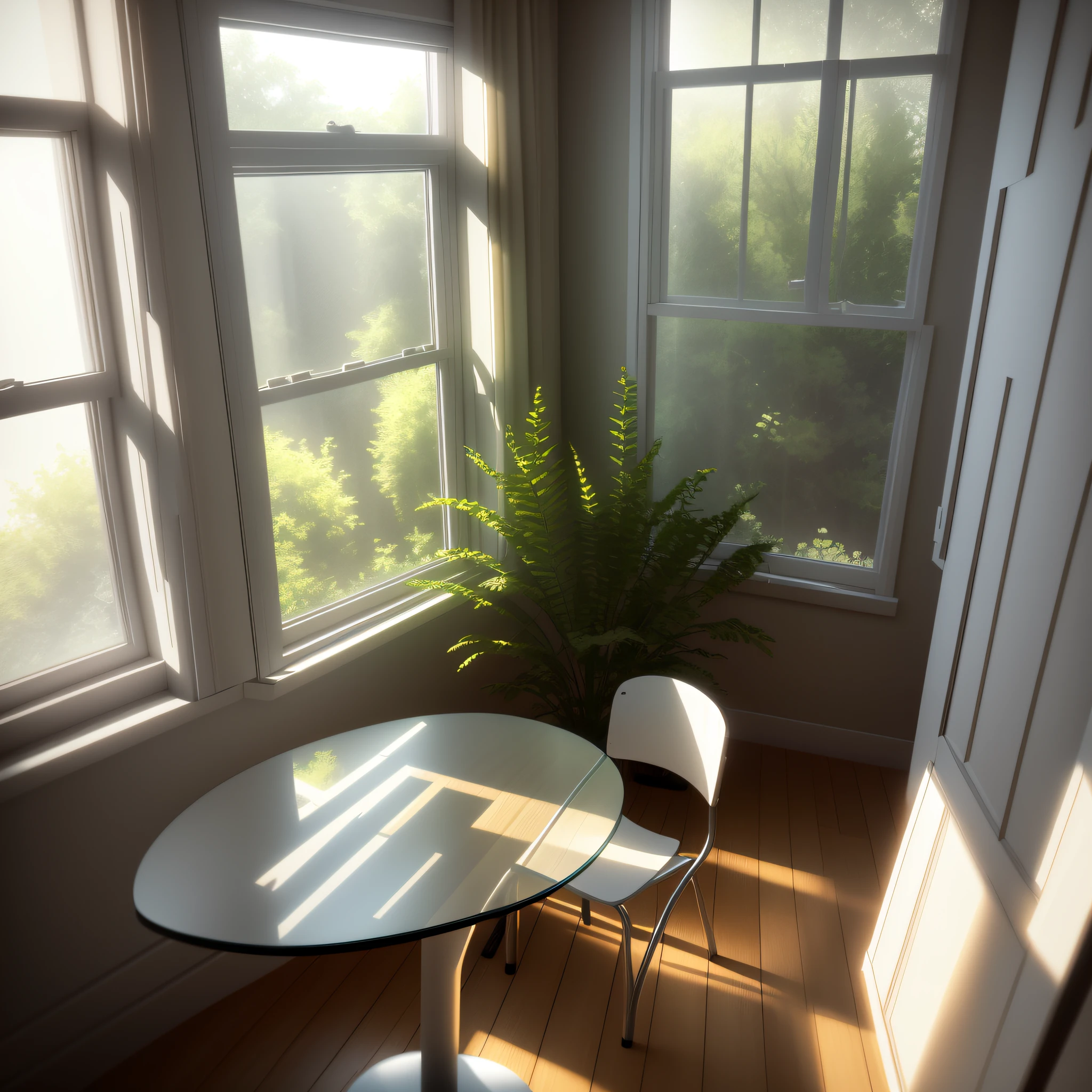 In front of the window there is a table with backrest computer chairs, embellished with greenery, realistic afternoon lighting, realistic soft lighting, volumetric natural light, rendered in V-Ray, daylight made with a blender, rendered in POV-ray, anime. Soft lighting, rendered in 3 DSMAX, detailed natural lighting, atmospheric rendering, soft natural volume lighting, realistic rooms, painted line drawings