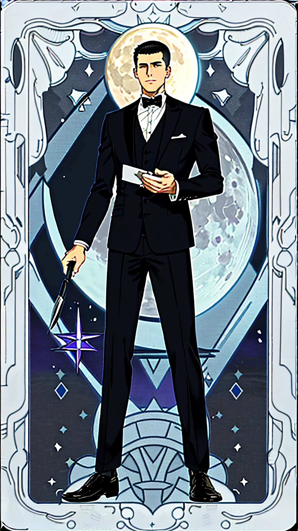 masterpiece, best quality, full body, card, 1 man, the moon, calm, clever, short hair, black hair, brush cut, standing, blue, black, purple, book, pen, buzz cut, black suit, royal, gentle, man, full moon, center, best pose