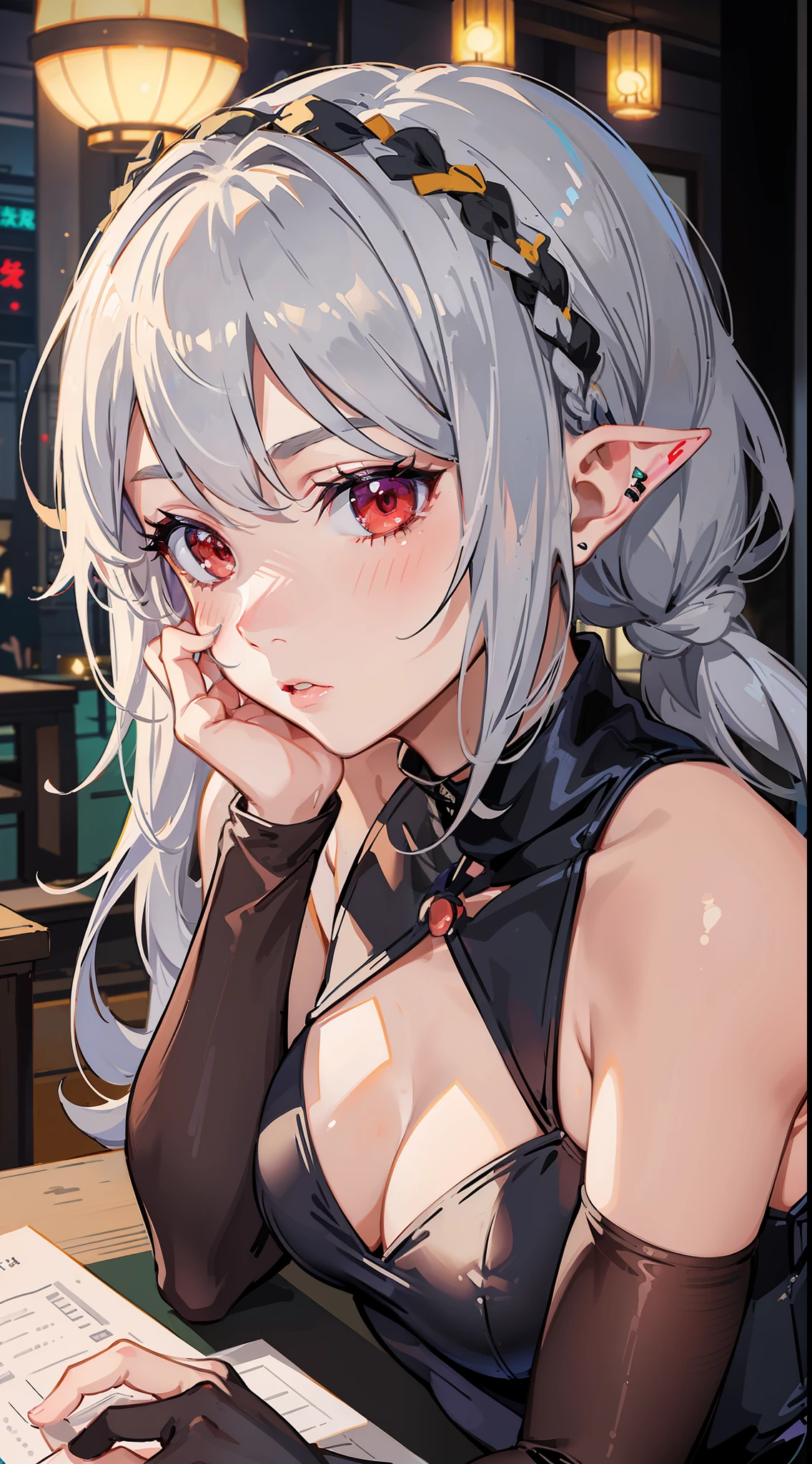 1 Girl closeup, bunny girl, leotard, fishnet stockings, elf, silver hair, red eyes, bob cut, braid, hands on their face, desk, sake cup, tavern, dark room, embarrassed, blush, concept art, beautiful anime scene, beautiful anime scenery, top rating on pixiv, top quality, 4K