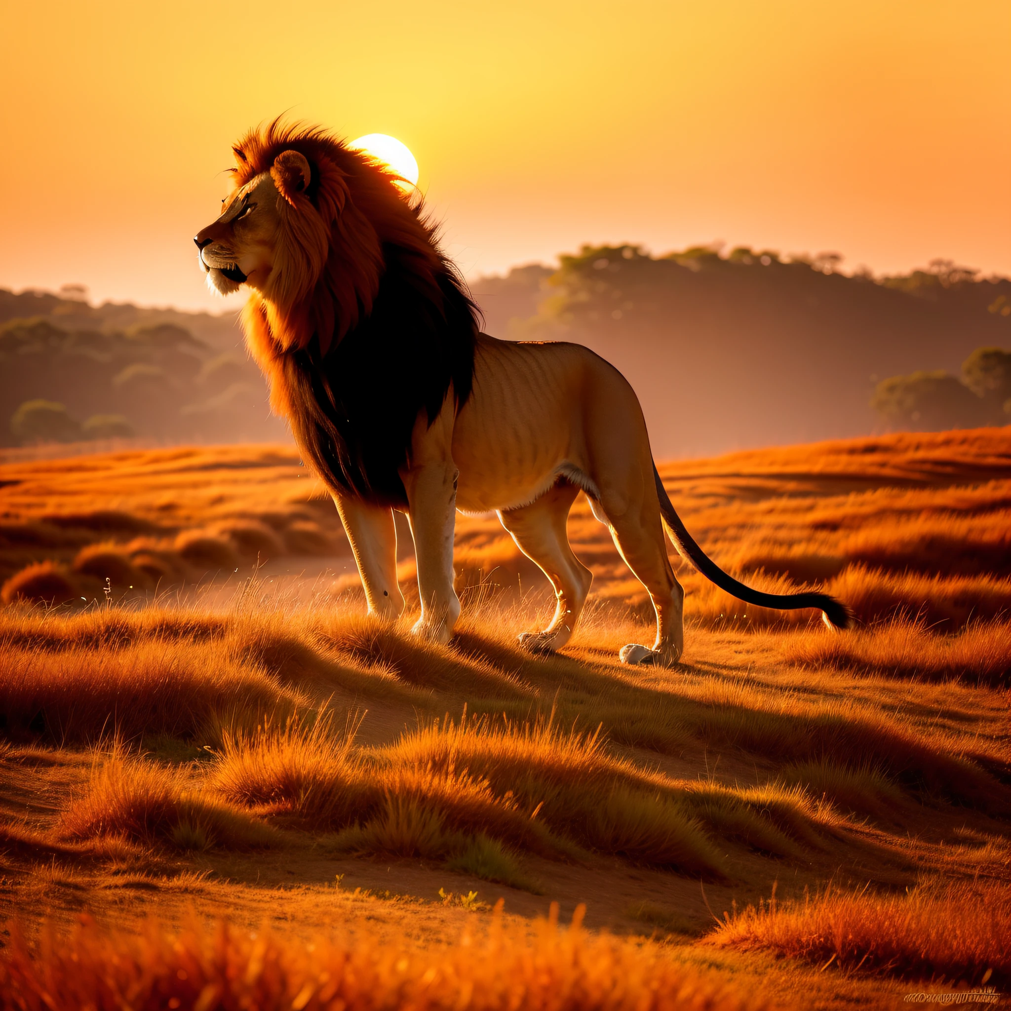 A majestic and majestic lion, his golden mane floating in the wind as he wanders through the tall grass of the savannah. In the distance, the setting sun paints the sky in shades of fiery orange and deep purple, casting a warm and welcoming glow on the cityscape.