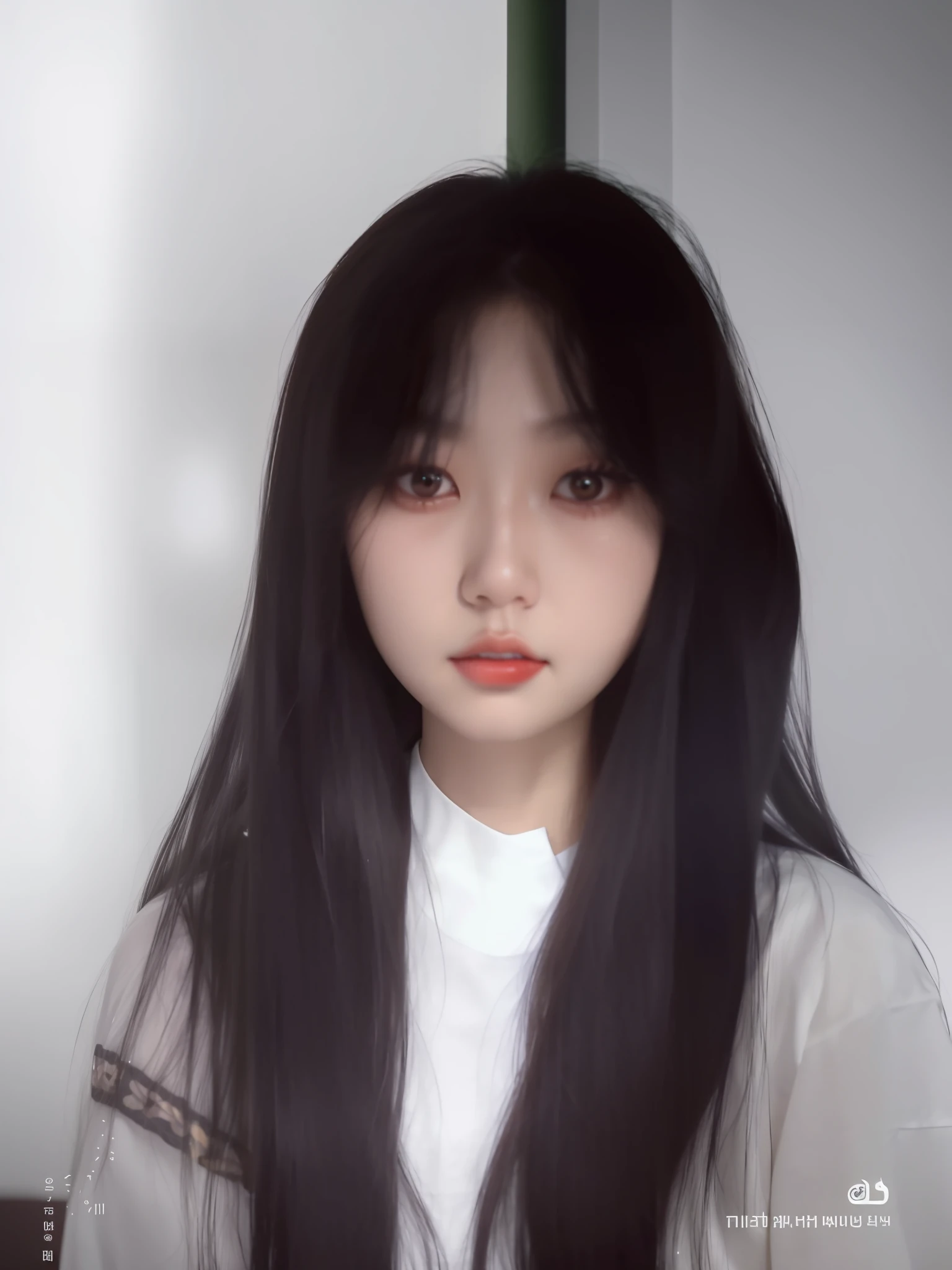 a close up of a woman with long black hair wearing a white shirt, with long hair, jaeyeon nam, ulzzang, korean girl, lee ji - eun, lee ji-eun, lalisa manobal, heonhwa choe, park ji-min, only a few bangs of hair, jinyoung shin, kwak ji young