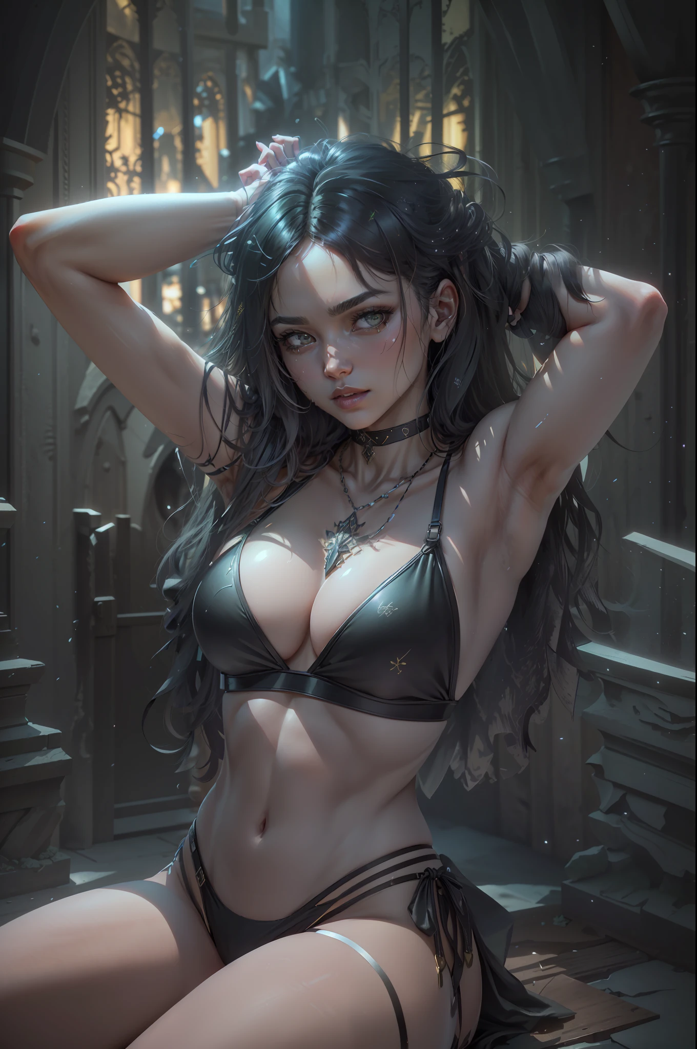 ((Best quality)), ((masterpiece)), (highly detailed:1.3),muskateer, ((black bikini)). The details of his body are meticulously elaborated, reflecting beauty (beauty:1.2). The embellishments (ornate:1.4) that adorn your head, ((with black hair), long hair, with a thin waist, demonstrating determination in your look, a balance of danger and beauty, HDR (High Dynamic Range), Ray Tracing, NVIDIA RTX, Super-Resolution, Unreal 5, Subsurface Scattering, PBR Texturing, Post-processing, Anisotropic filtering, Depth of field, Maximum clarity and sharpness, Multilayer textures, Albedo and specular maps, Surface shading, accurate simulation of light-material interaction, perfect proportions, Octane Render, two-tone lighting, low ISO, white balance, rule of thirds, wide aerature, 8K RAW, efficient sub-pixel, sub-pixel convolution, luminescent particles --auto --s2