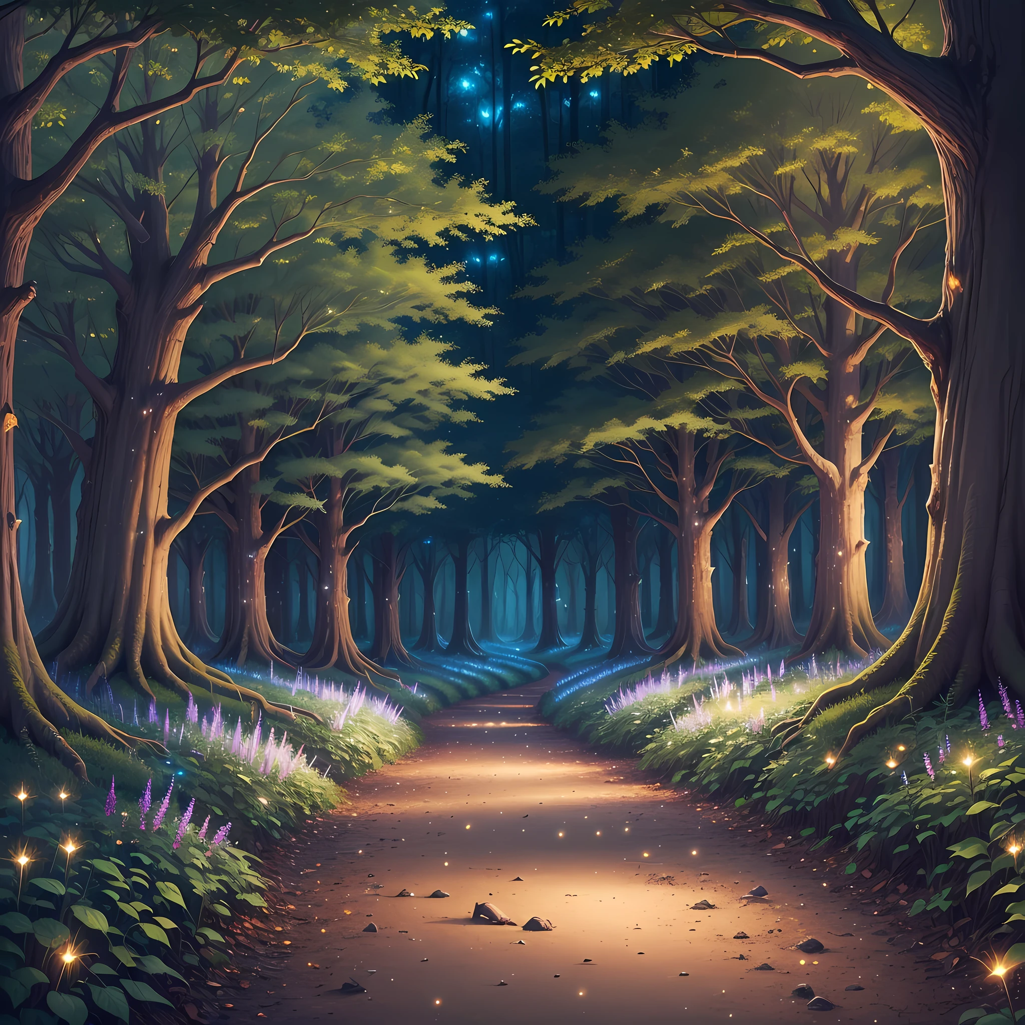 (a magical forest, at night, with many fireflies around, with large trees around) --auto --s2