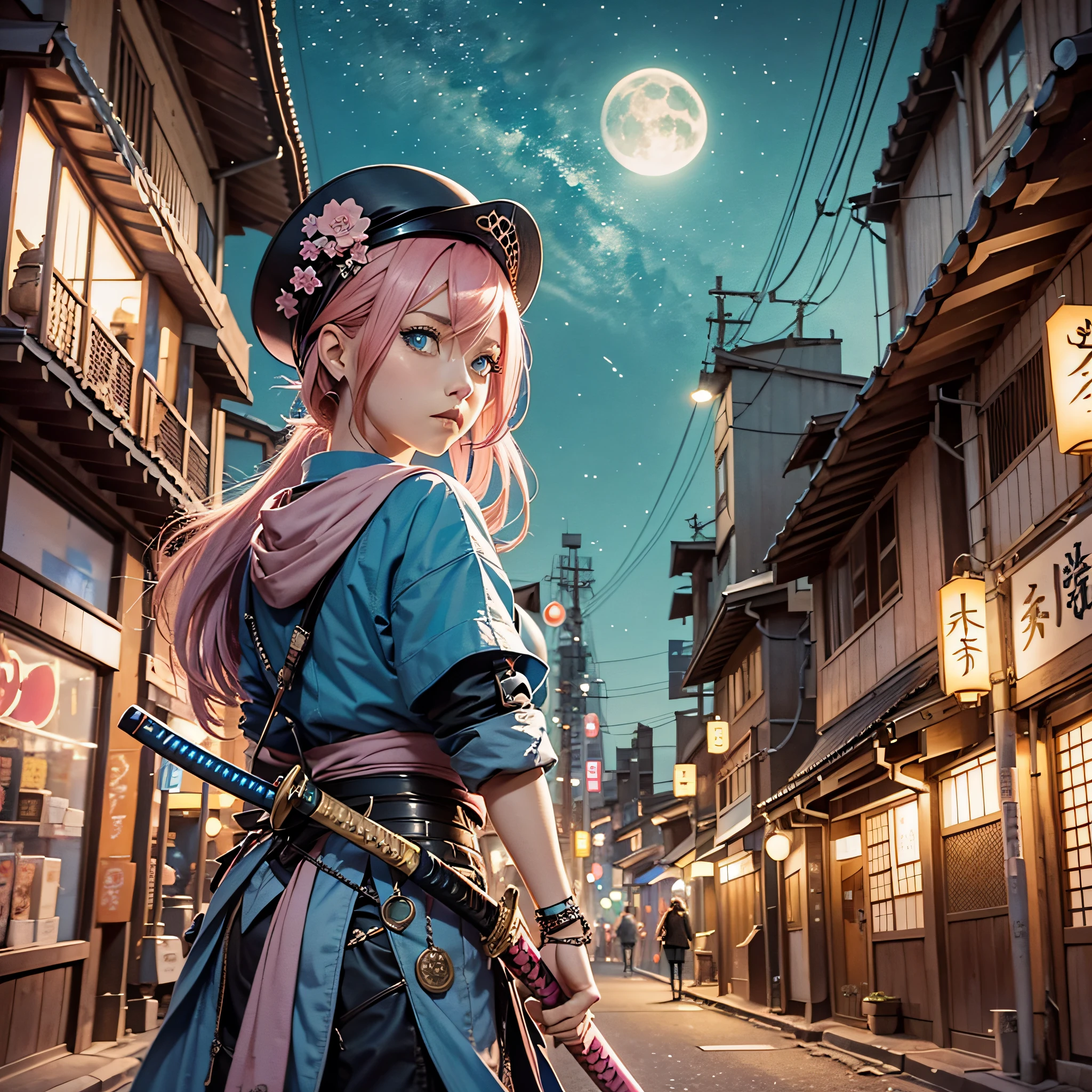 Girl with pink hair, blue eyes, holding a katana to fubdo, a Japanese city at night with a lalamborghini