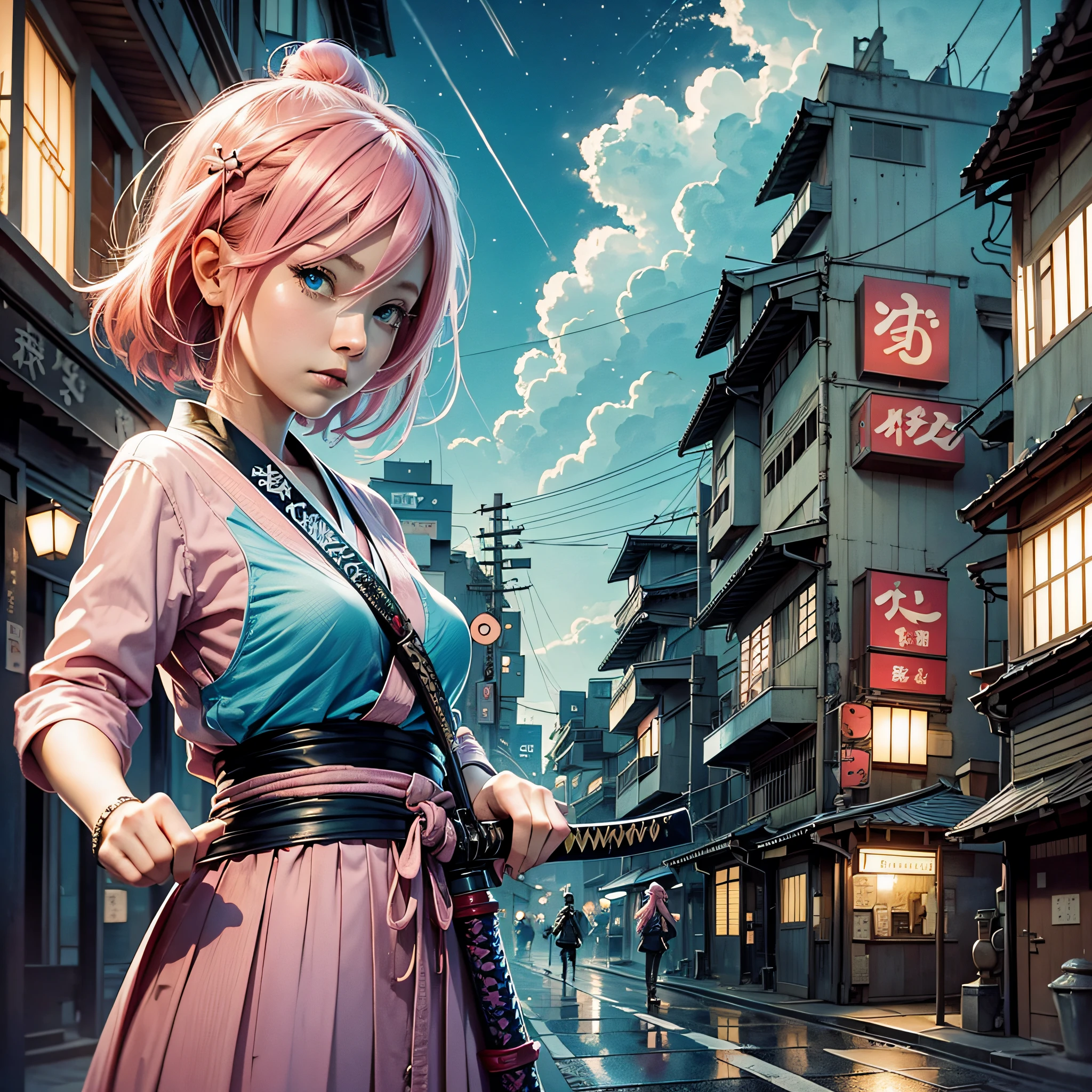 Girl with pink hair, blue eyes, holding a katana to fubdo, a Japanese city at night with a lalamborghini