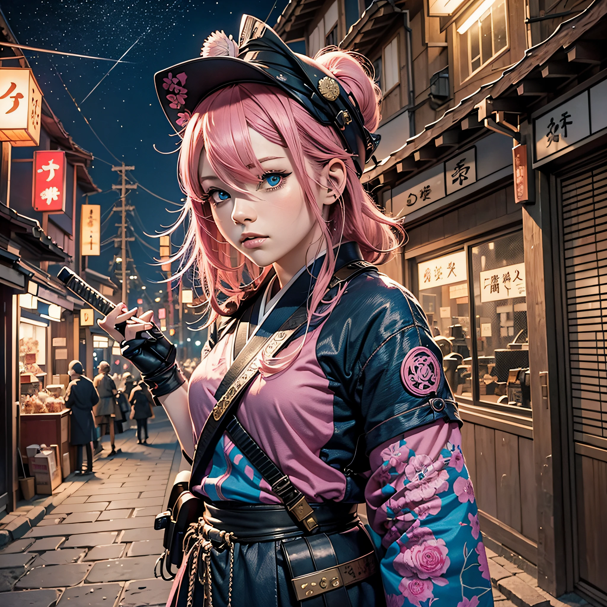 Girl with pink hair, blue eyes, holding a katana to fubdo, a Japanese city at night with a lalamborghini
