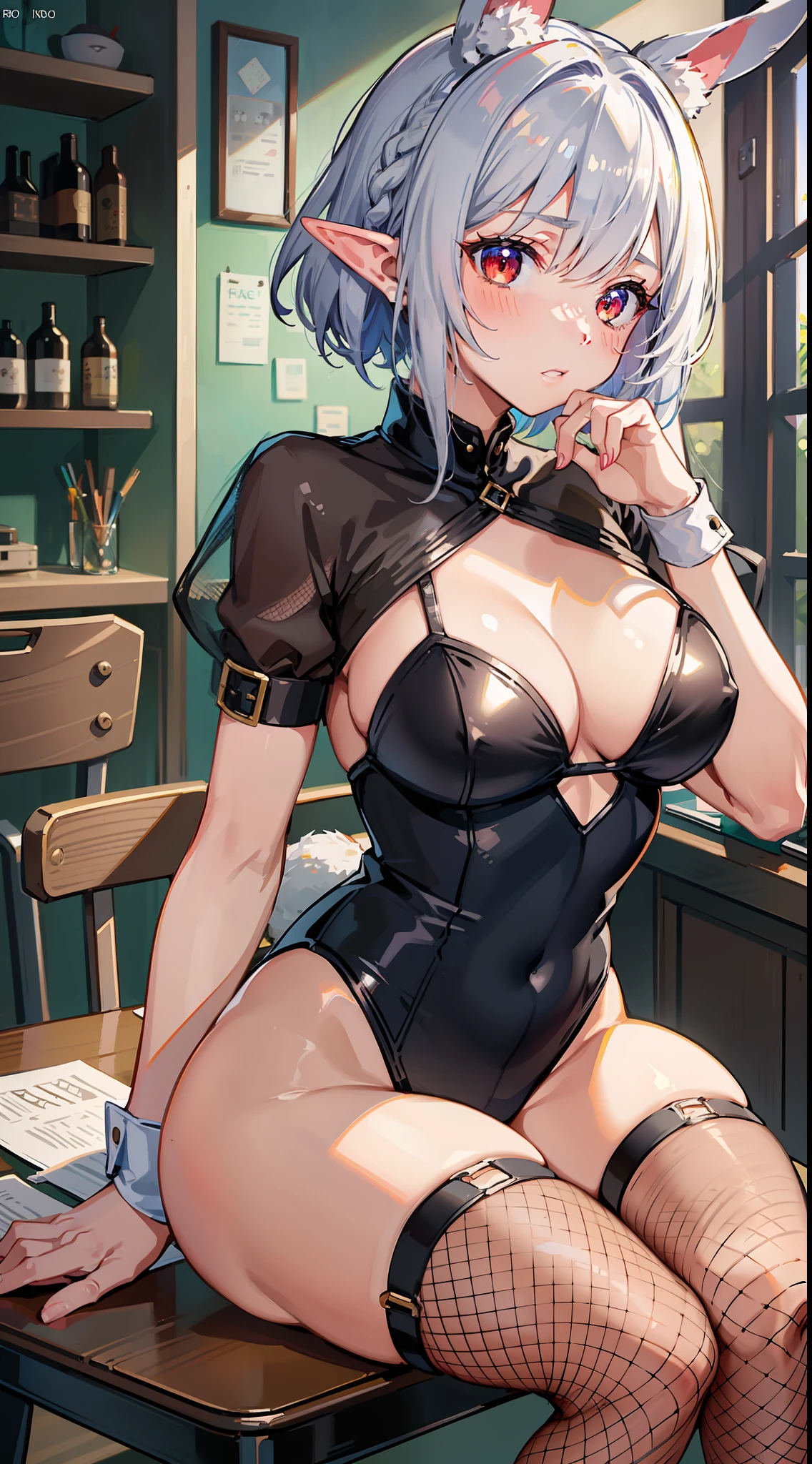 1 Girl Full Body, Bunny Girl, Leotard, Fishnet Stockings, Elf, Silver Hair, Red Eyes, Bob Cut, Braid, Hands on Their Face, Sitting on a Chair, Desk, Sake Cup, Tavern, Dark Indoors, Embaring, Blushing, Concept Art, Beautiful Anime Scene, Beautiful Anime Scenery, Top Rated on pixiv, Best Quality, 4K