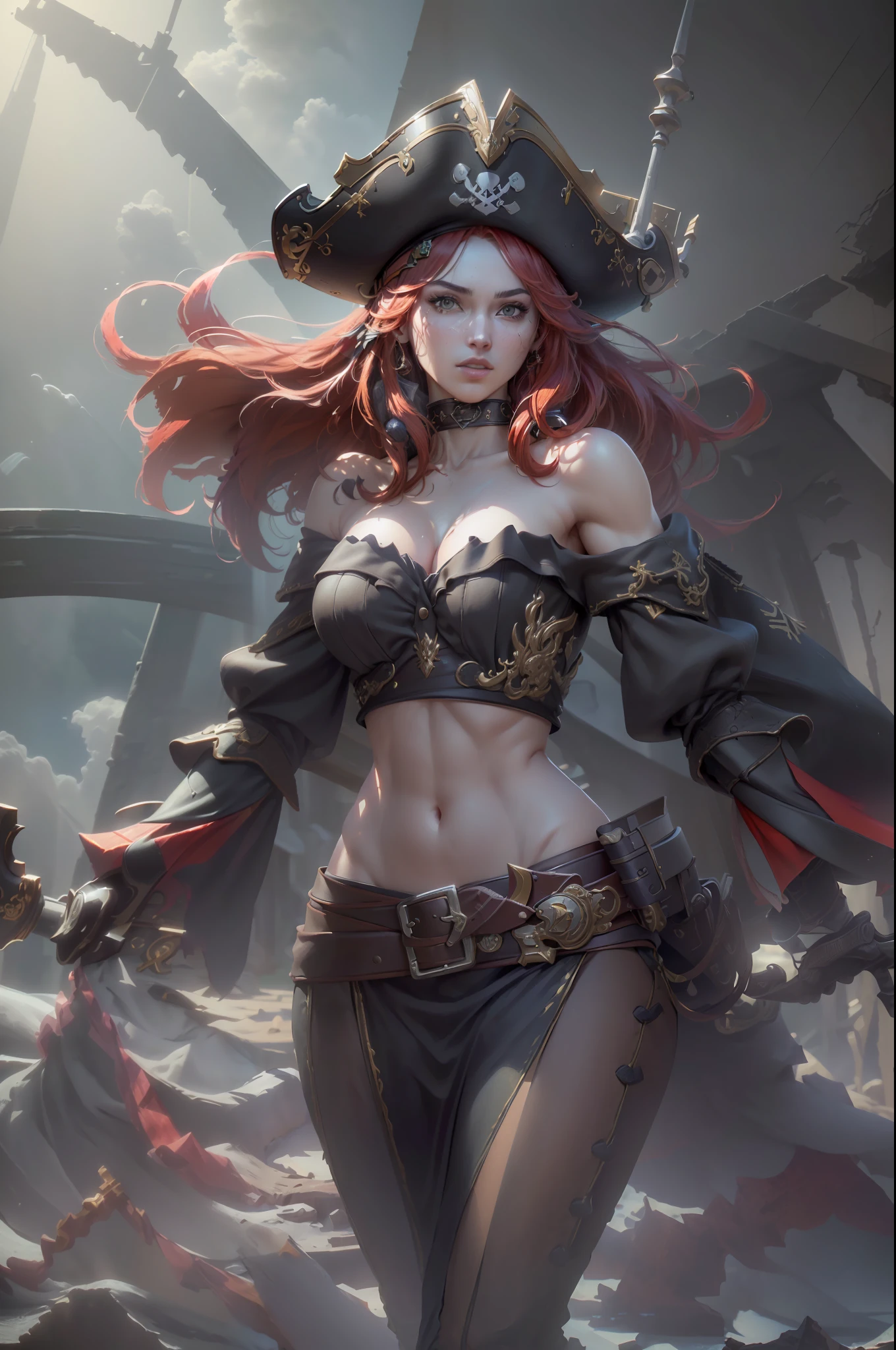 ((Best quality)), ((masterpiece)), (highly detailed:1.3),muskateer, (((pirate hat)). The details of his body are meticulously elaborated, reflecting beauty (beauty:1.2). The embellishments (ornate:1.4) that adorn his hat, ((with red hair), long hair, with a thin waist, demonstrating determination in his look, a balance of danger and beauty, HDR (High Dynamic Range), Ray Tracing, NVIDIA RTX, Super-Resolution, Unreal 5, Subsurface Scattering, PBR Texturing, Post-processing, Anisotropic filtering, Depth of field, Maximum clarity and sharpness, Multilayer textures, Albedo and specular maps, Surface shading, accurate simulation of light-material interaction, perfect proportions, Octane Render, two-tone lighting, low ISO, white balance, rule of thirds, wide aerature, 8K RAW, efficient sub-pixel, sub-pixel convolution, luminescent particles --auto --s2