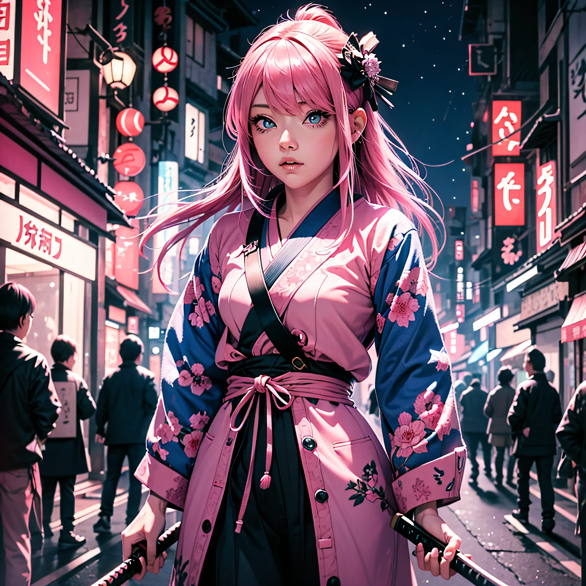 Girl with pink hair blue eyes holding a katana to fubdo a Japanese city at night with a lalamborghini in the background black pink